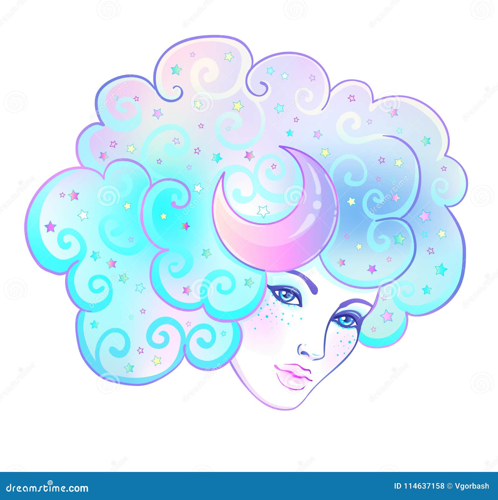 Girl with White Hair, Head in the Clouds with Moon and Stars. Co Stock ...