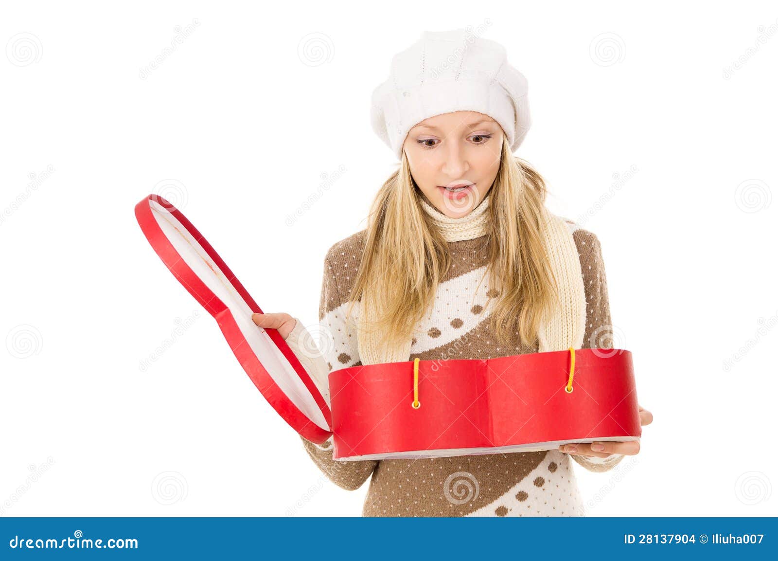 Girl in Winter Cap with a Gift Isolated Stock Photo Image of female