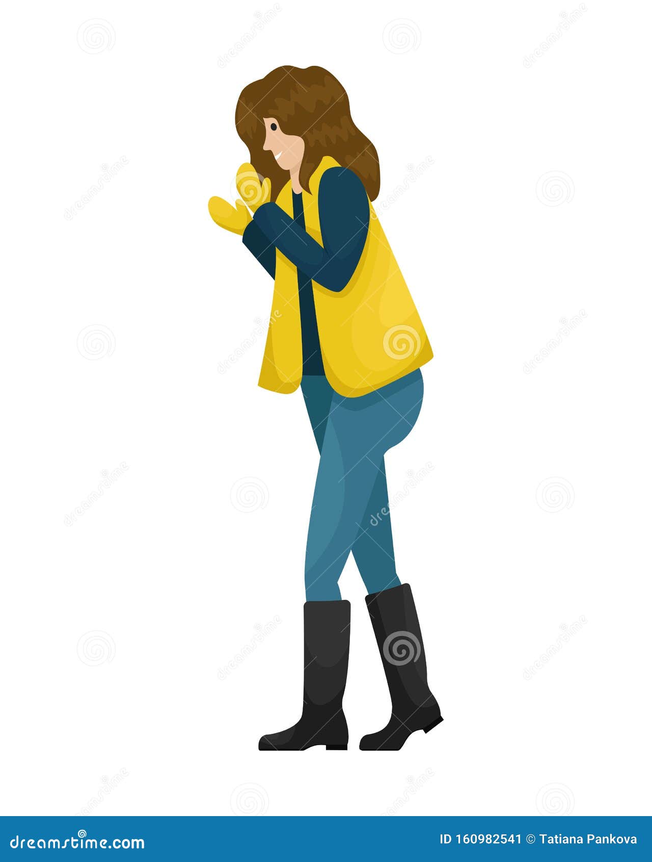 a girl in winter clothes and a hat dodges a flying snowball. winter entertainment. flat  