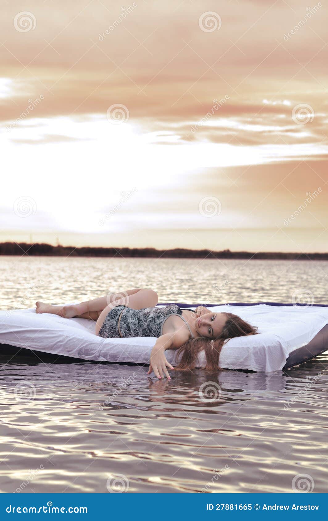 The Girl Woke Up in a Bed on Water Stock Image Image of lake, sensual