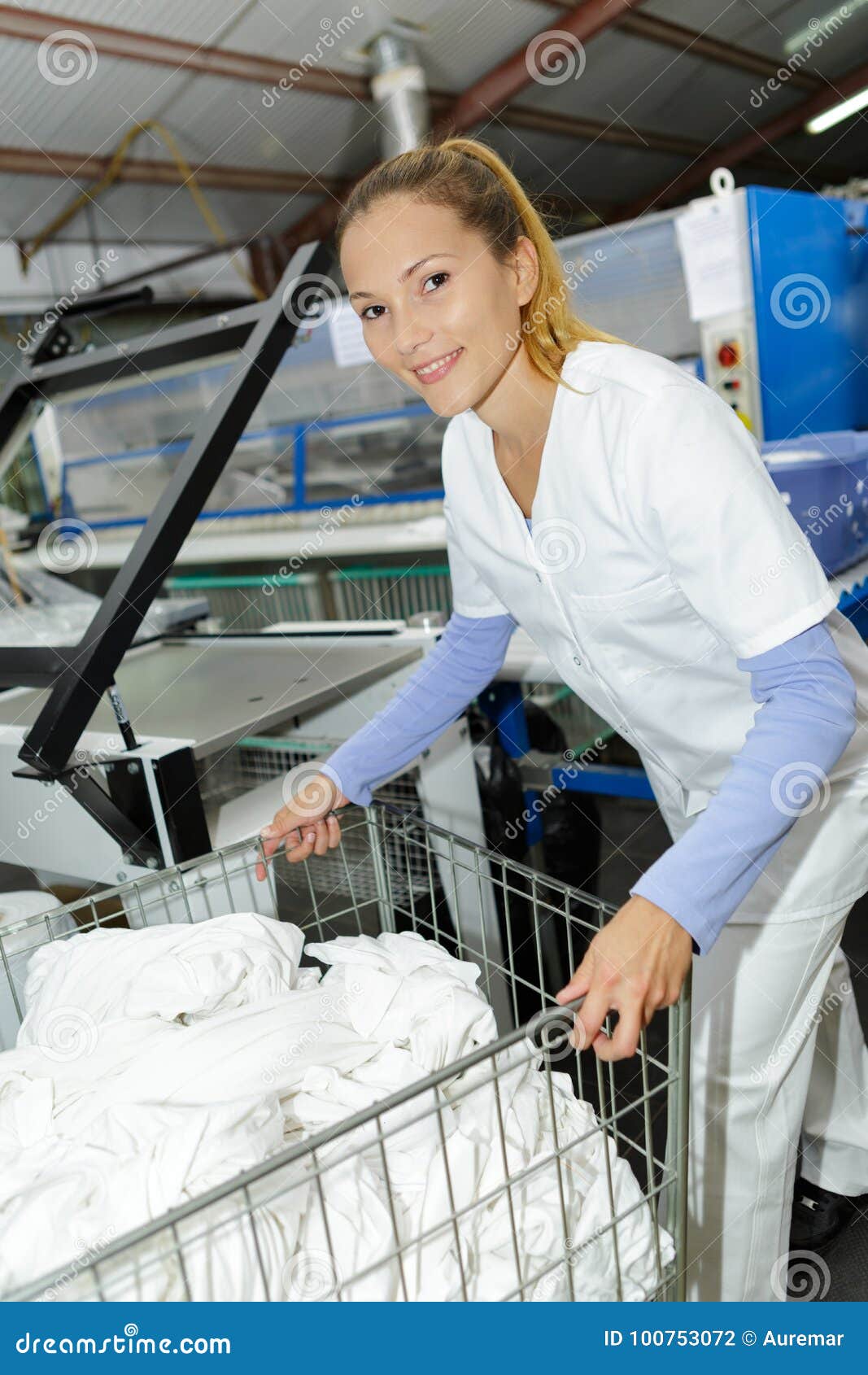 Girl Worker Holding Laundry Cart Stock Photo Image of laundry
