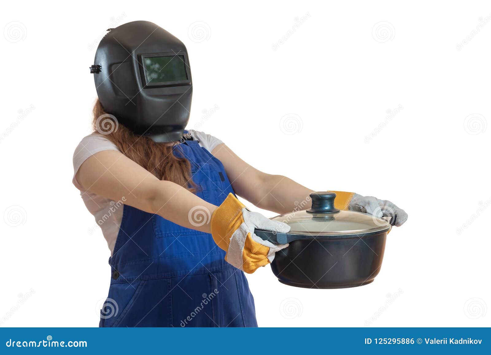 The Girl in Working Clothes and a Welding Mask Holds a Pan in Ha Stock ...