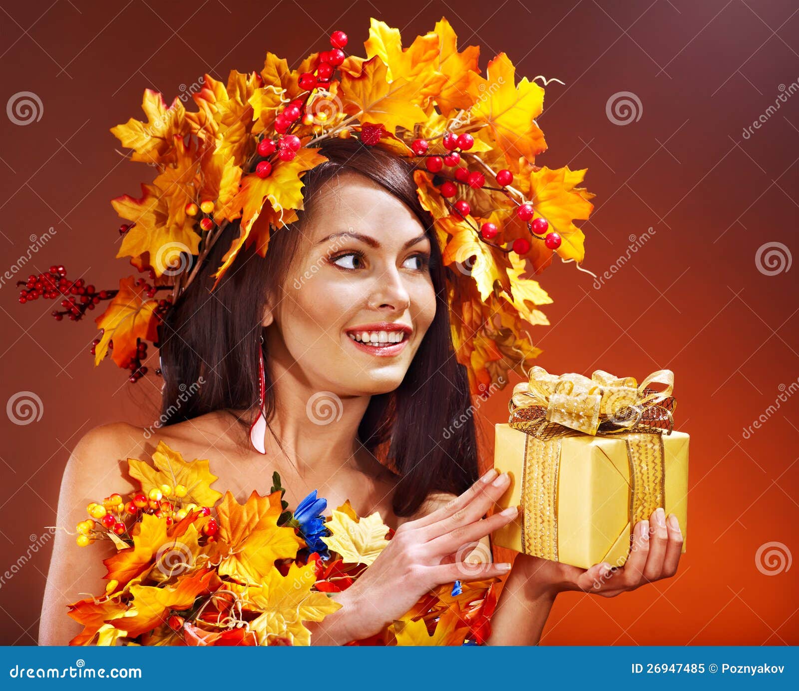 Girl with a Wreath of Autumn Leaves on the Head. Stock Image - Image of ...