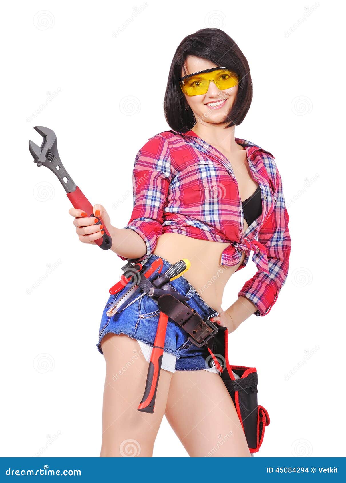 Girl with wrench stock photo. Image of plumber, handyman 45084294
