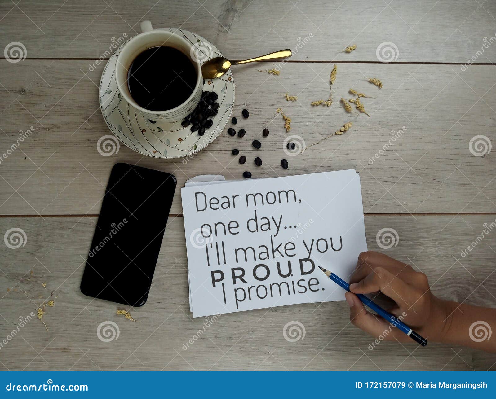 A Girl Writing A Letter Dear Mom One Day I Will Make You Proud I Promise With A Cup Of Morning Coffee For Inspiration Idea Stock Image Image Of Black