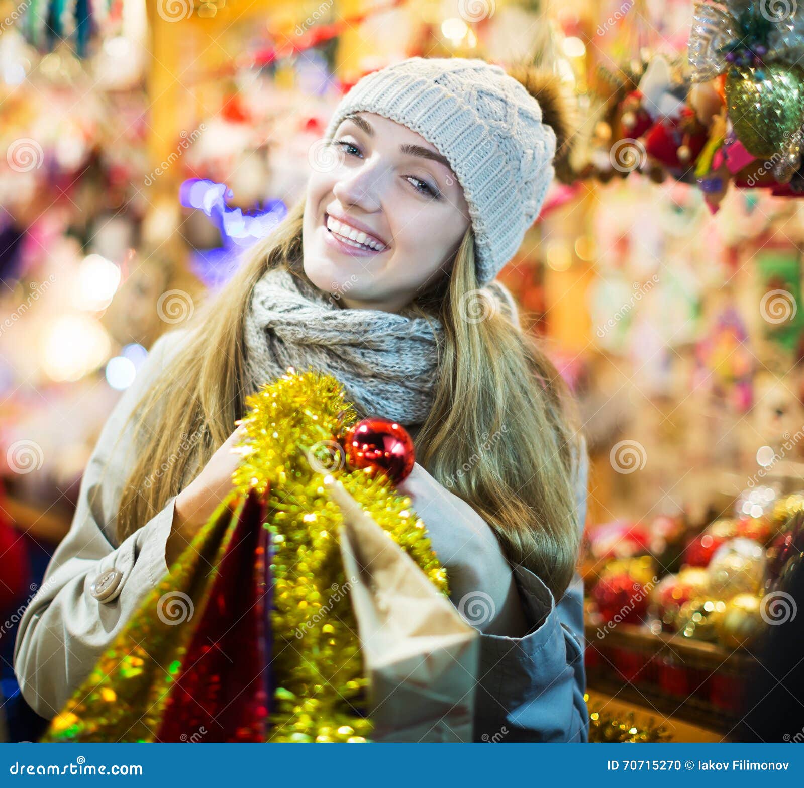 Girl at Xmas market stock photo. Image of american, decorations - 70715270