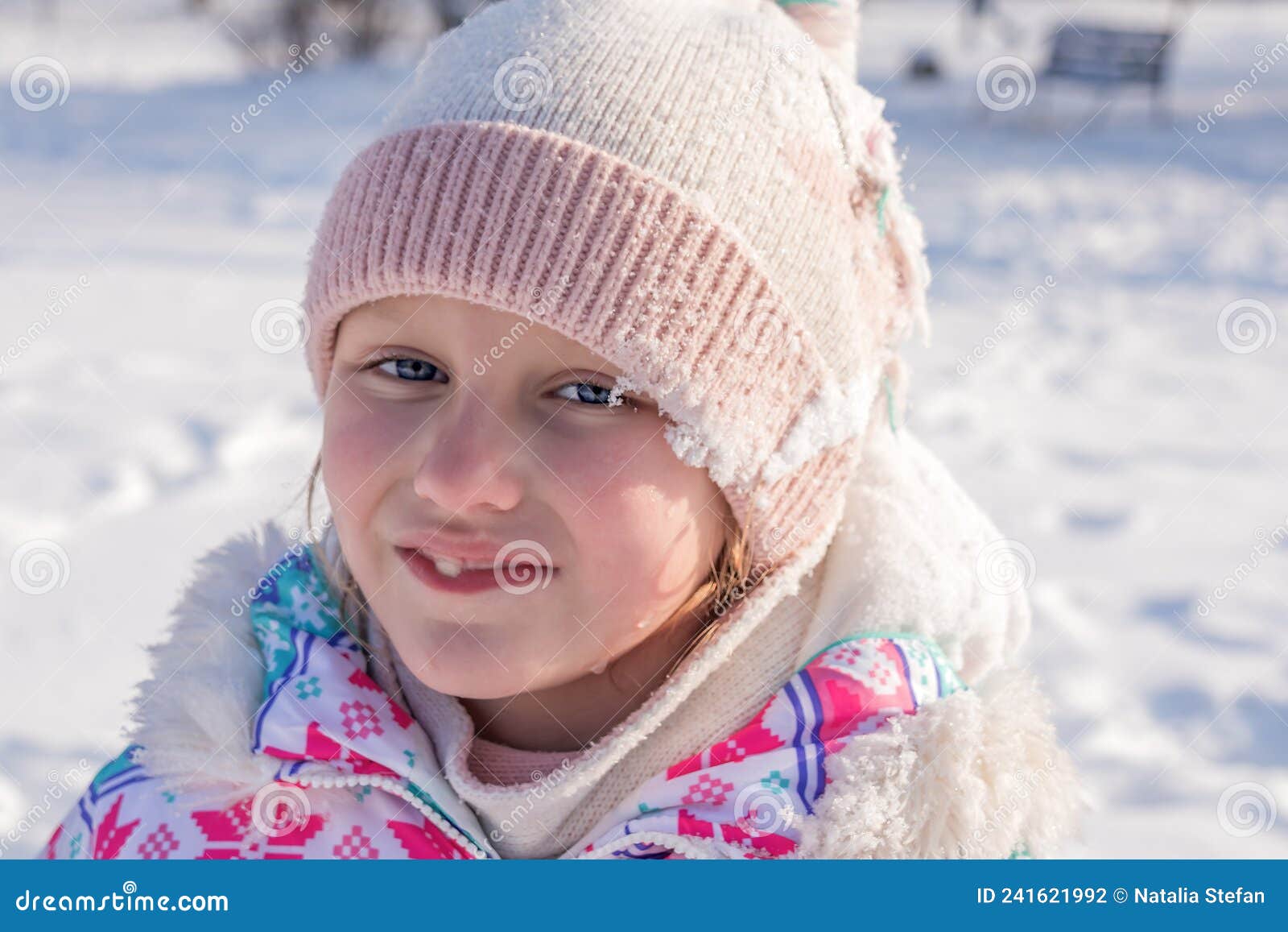 Girl 7-8 Years Old, Smiling, without Milk Teeth, Playing Snowballs ...