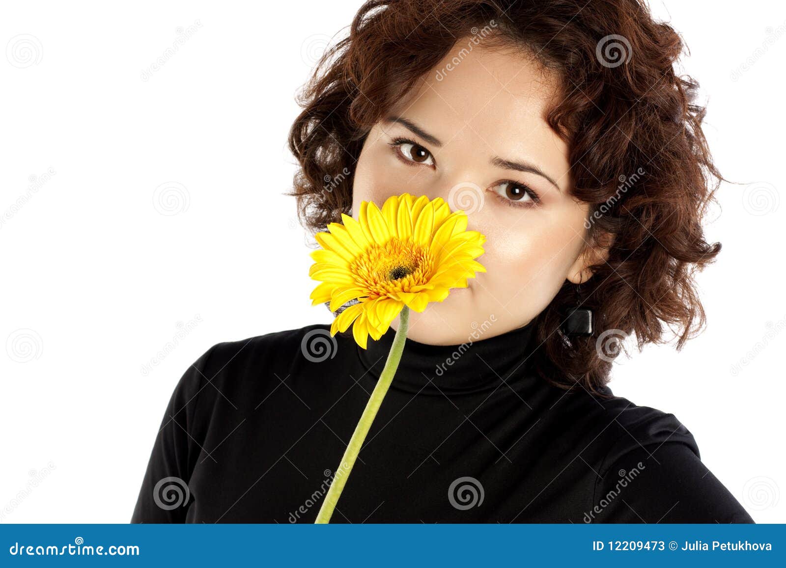 Girl with a yellow flower stock image. Image of head 12209473
