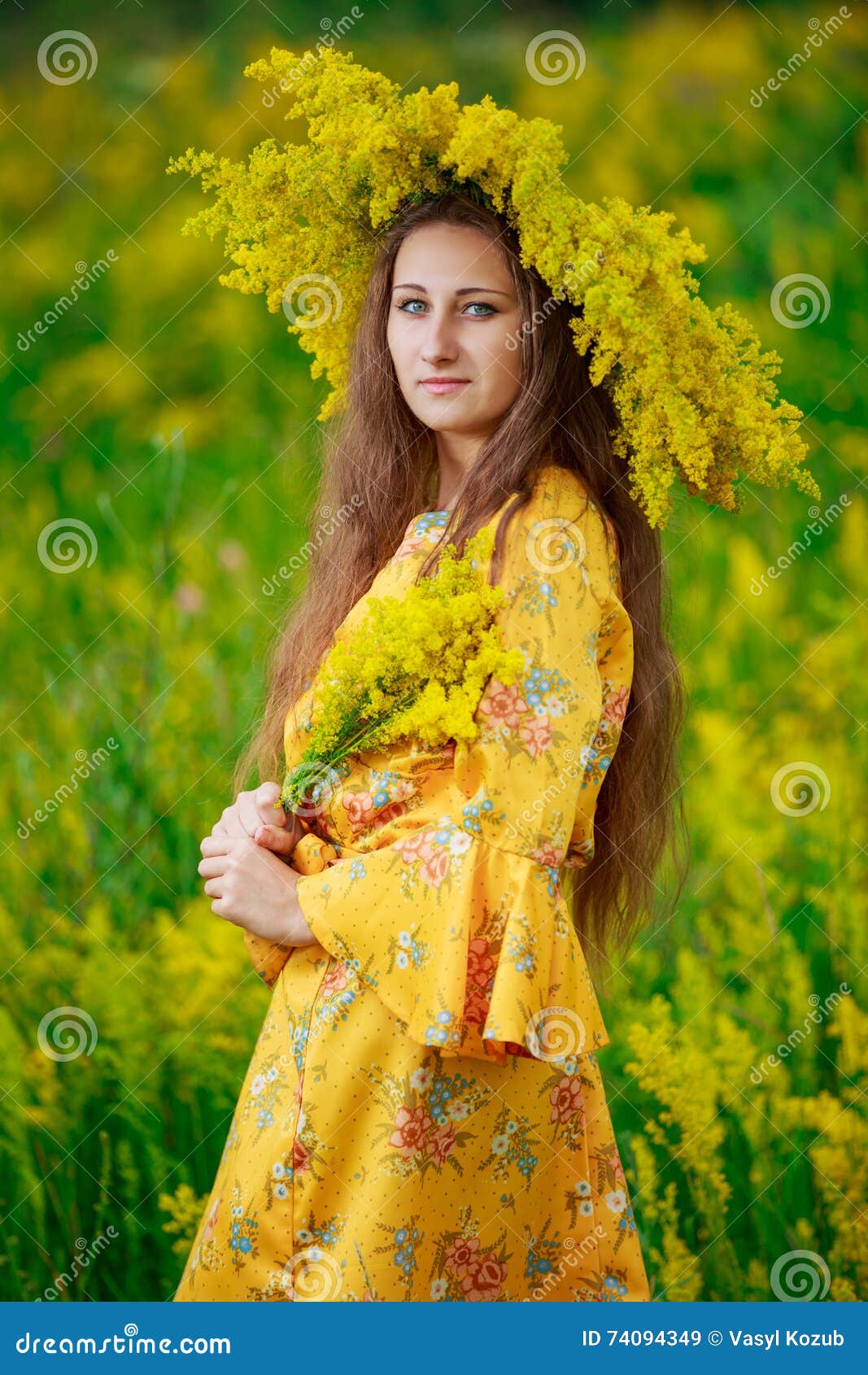 Girl with yellow flowers stock image. Image of outdoor 74094349
