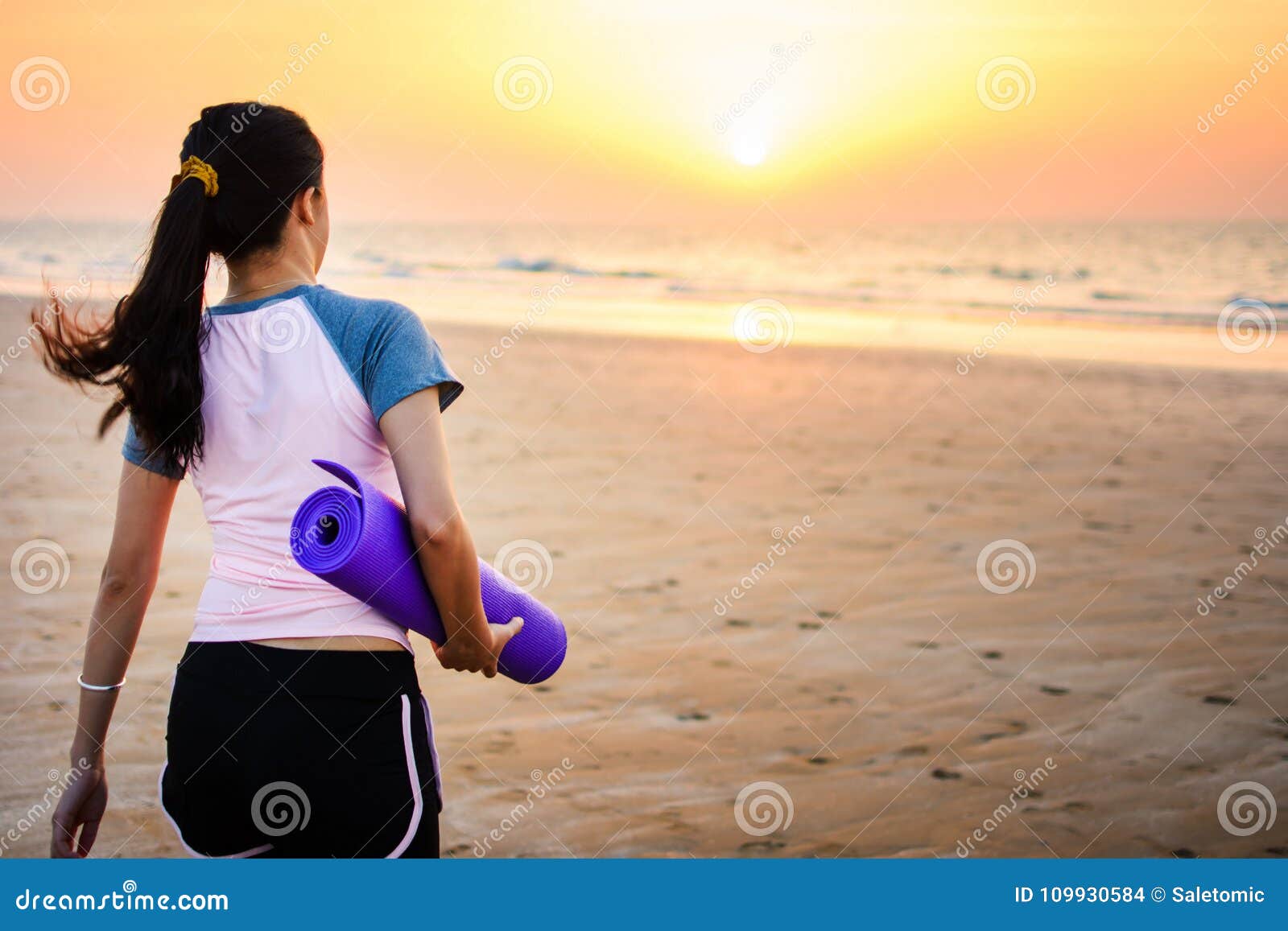 Girl with Yoga Mat on the Beach Stock Photo Image of happy, female