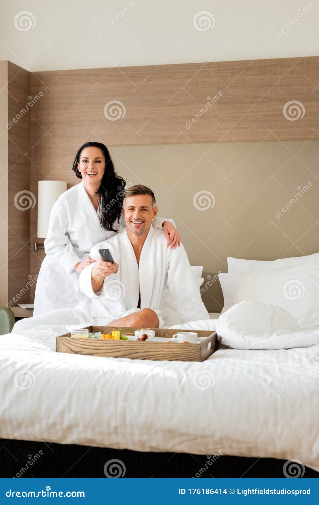 Girlfriend in Bathrobe Hugging Handsome Boyfriend Stock Photo Image of closeness, breakfast