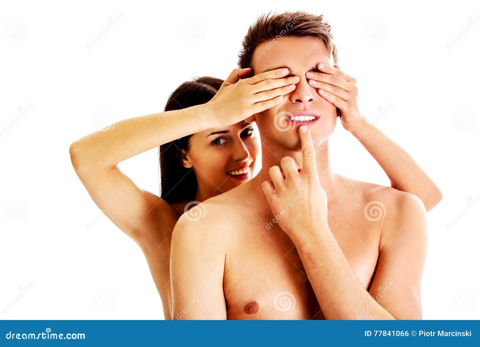 Girlfriend Covering the Eyes of Her Boyfriend for a Surprise - Isolated Stock Photo