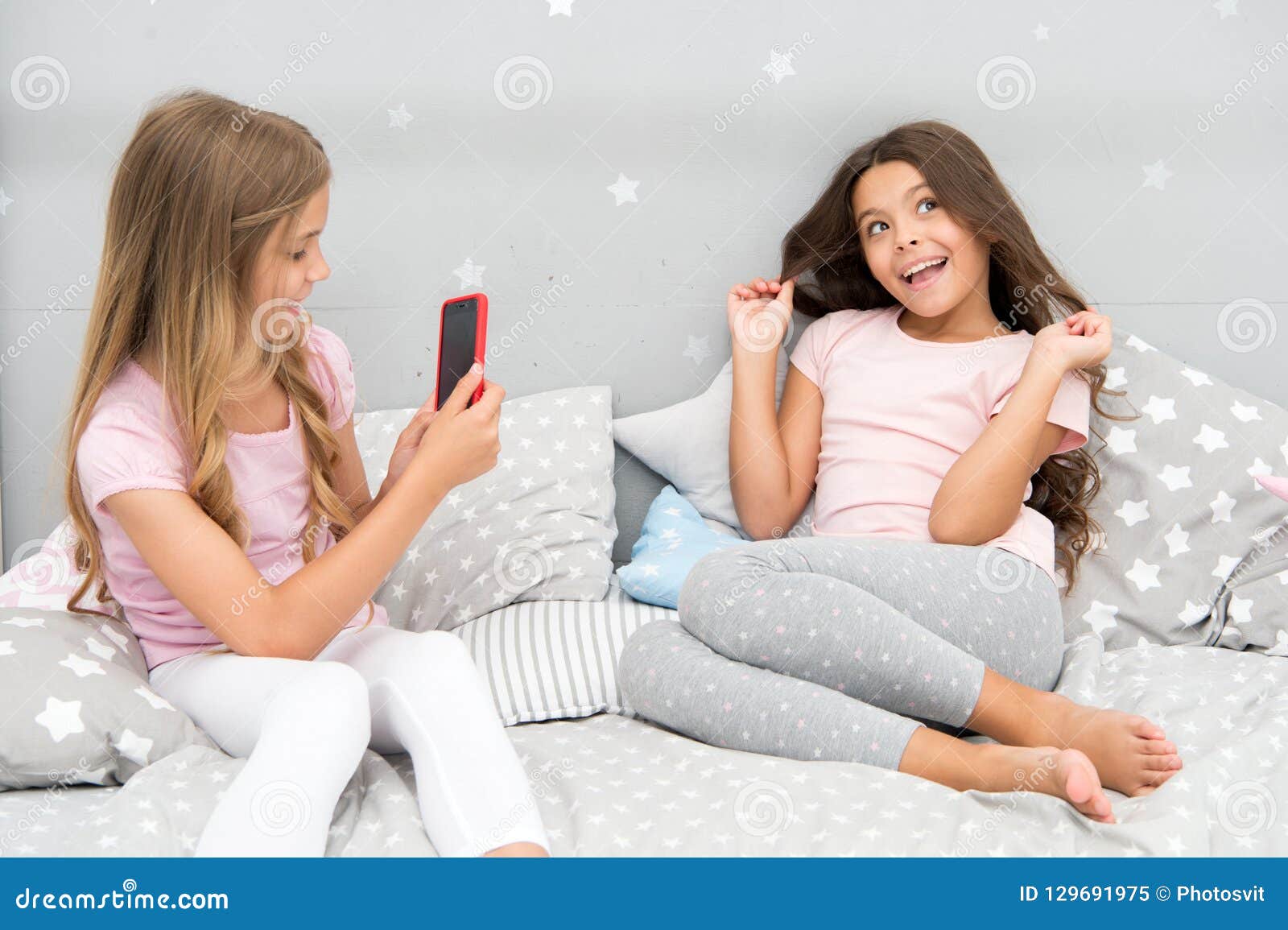 Girlish Leisure Pajama Party. Girls Smartphone Posing Great Shot. Send ...