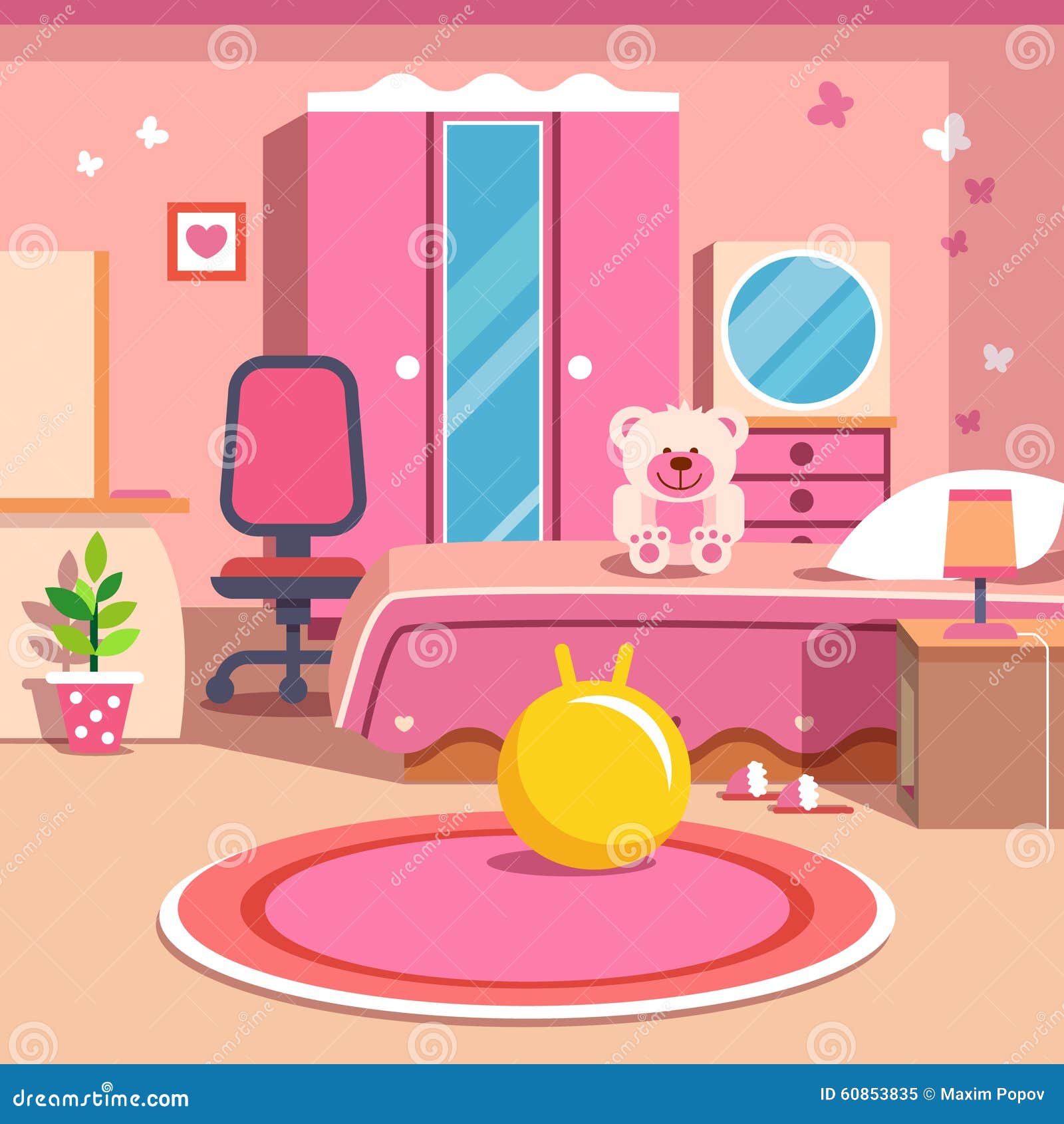 Girls All Pink Bedroom Interior Stock Vector - Illustration of lamp
