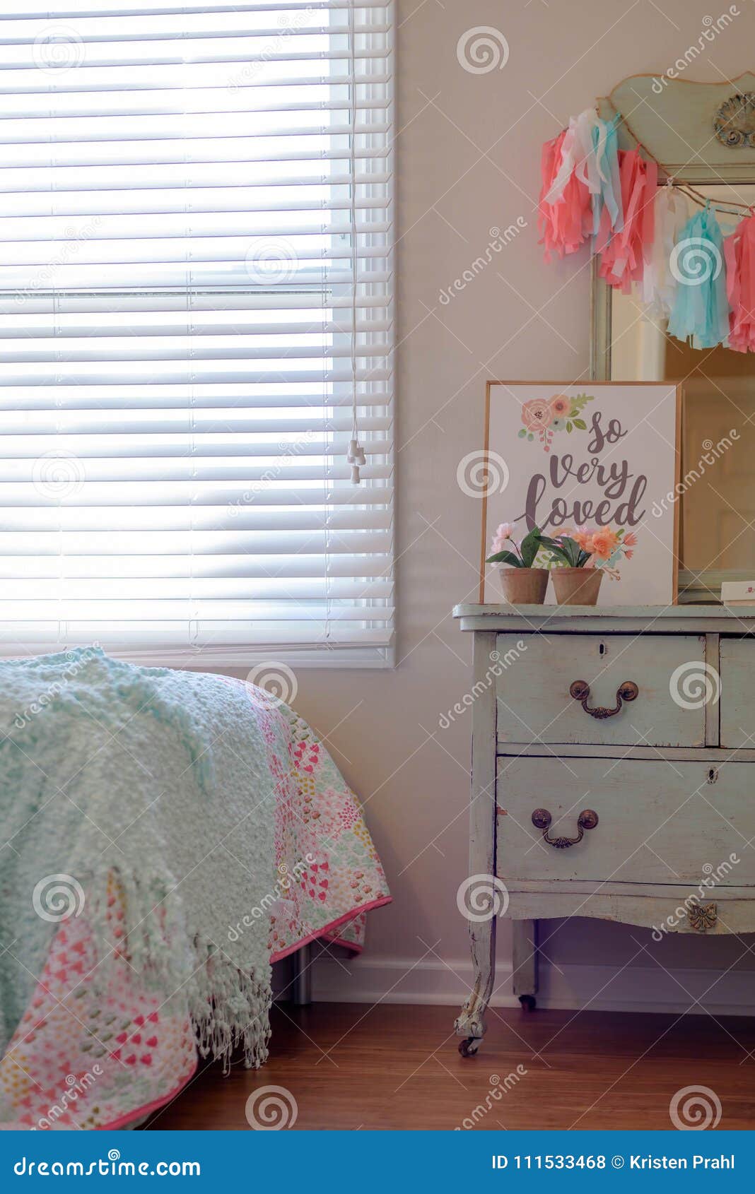 Girls Bedroom Decor With Vintage Dresser In Pastel Mint Green