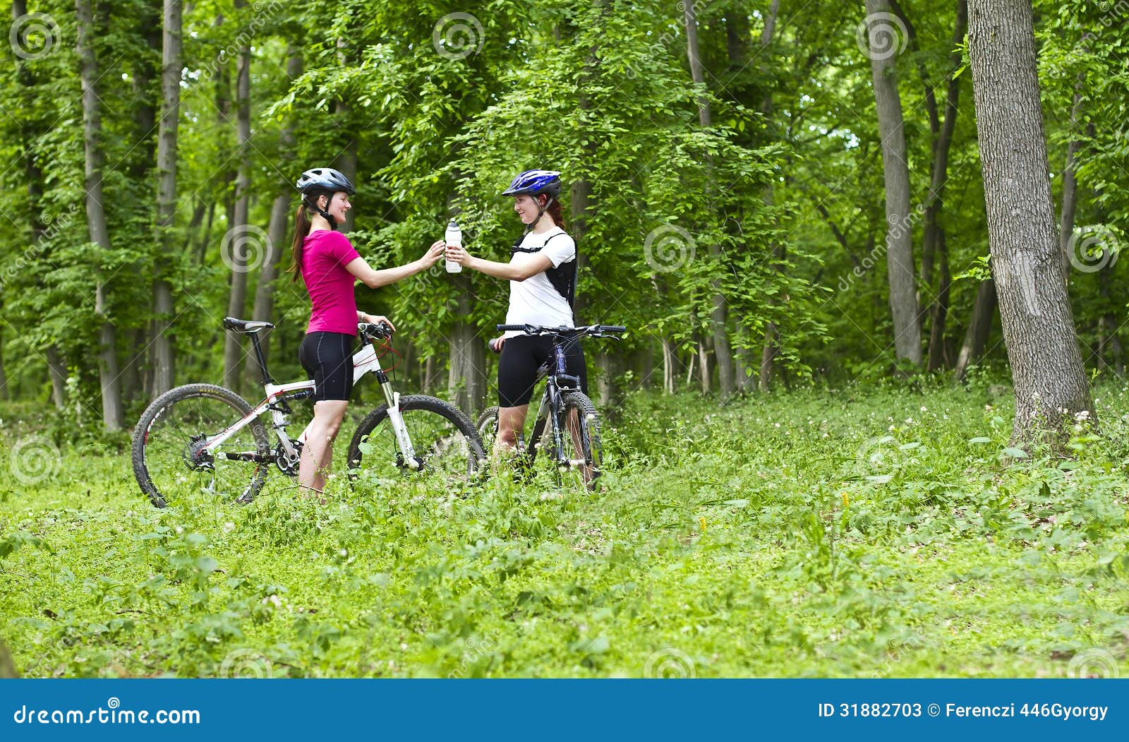 Girls biking in the forest stock image. Image of leisure 31882703