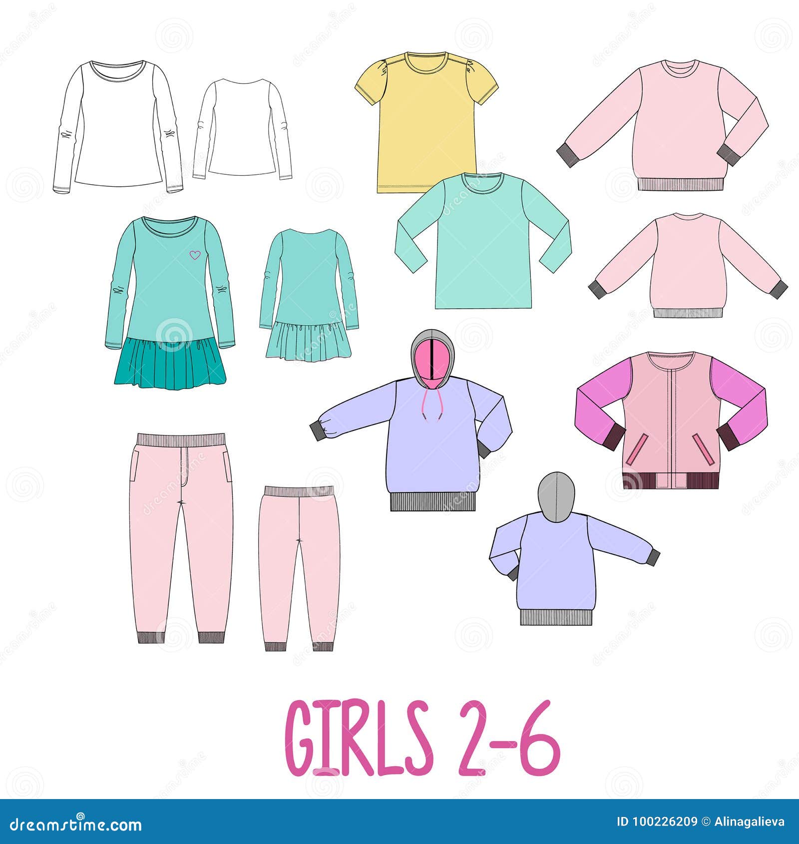 Girls Clothes Set Technical Sketches Stock Vector - Illustration of ...