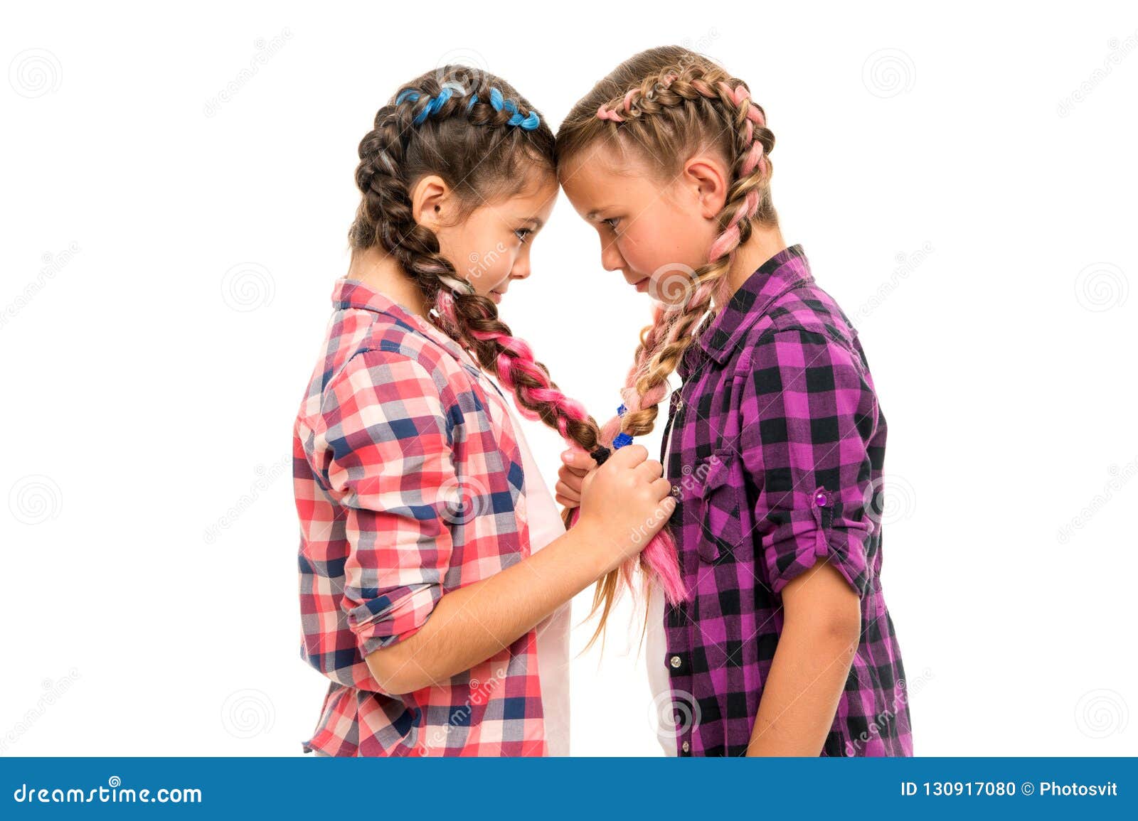 Girls Friends Similar Hairstyle Braids White Background