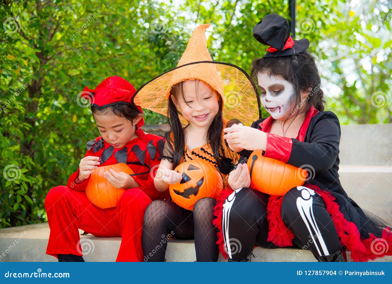 Girls in Halloween Costume Sitting on Stair and Smile Stock Photo ...