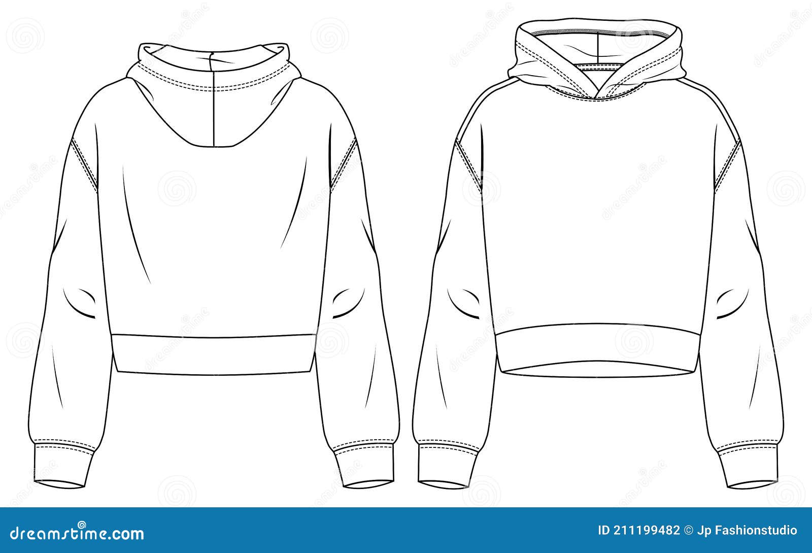 girls hooded crop top technical fashion . women sweatshirt fashion flat sketch template.