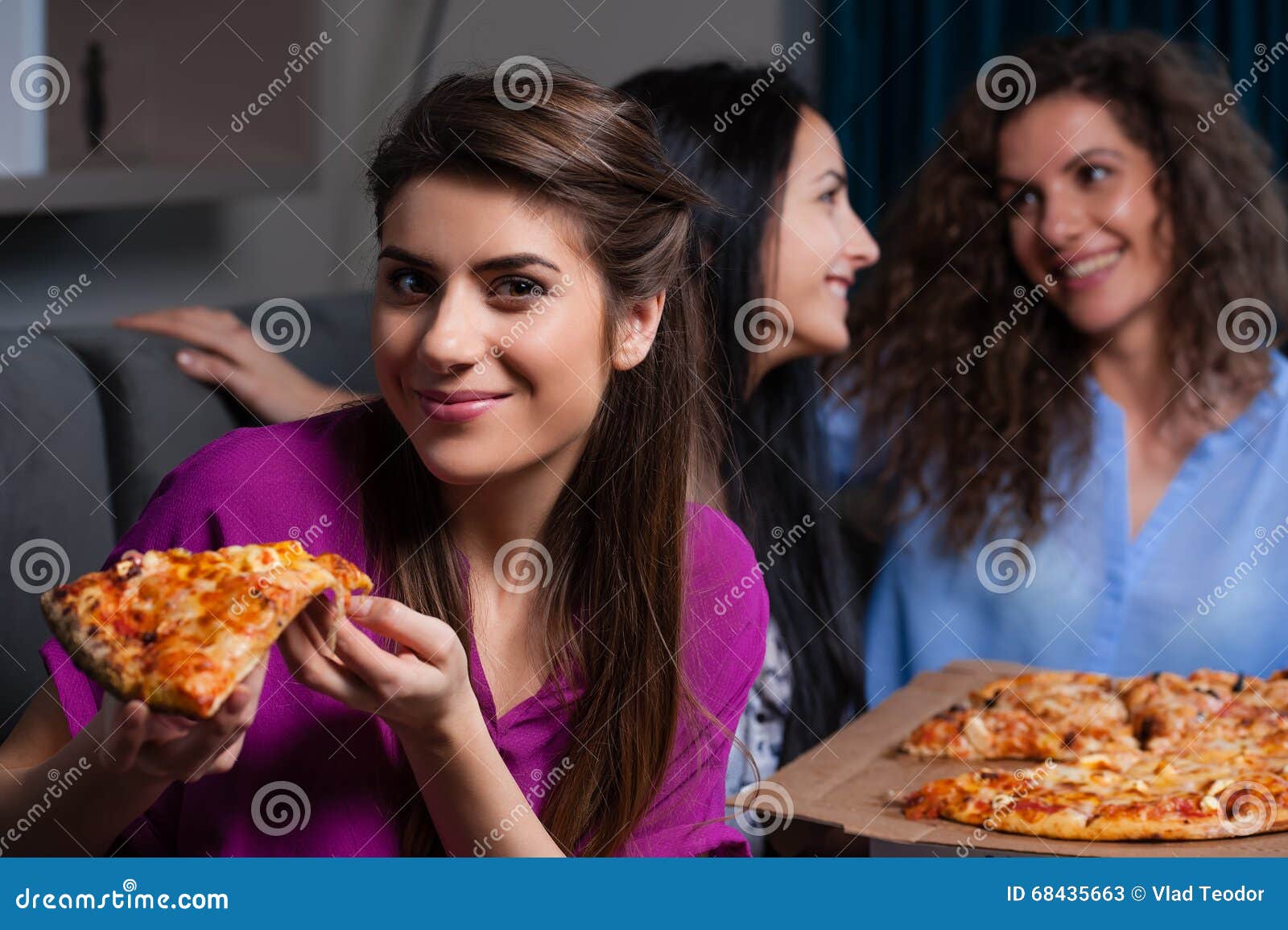 Girls and pizza night stock image. Image of excited, friendship 68435663