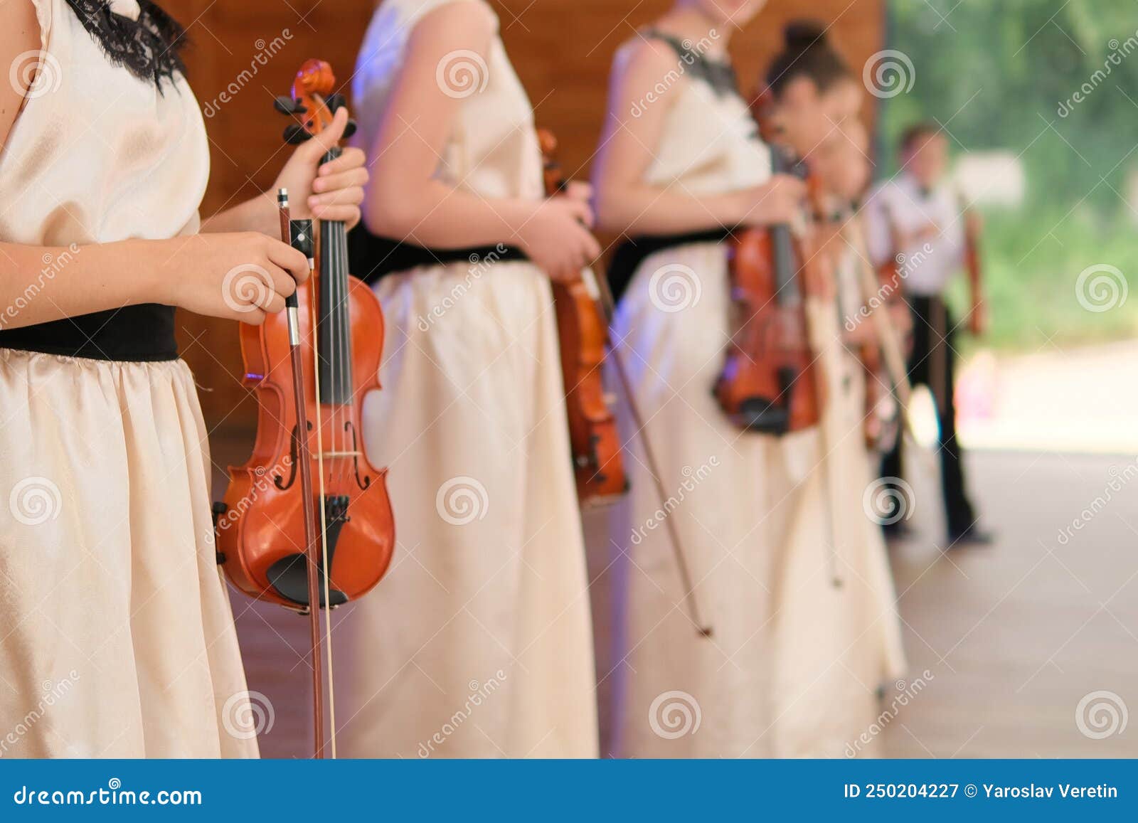 Girls Play on Violins at the Stage Stock Image Image of learning