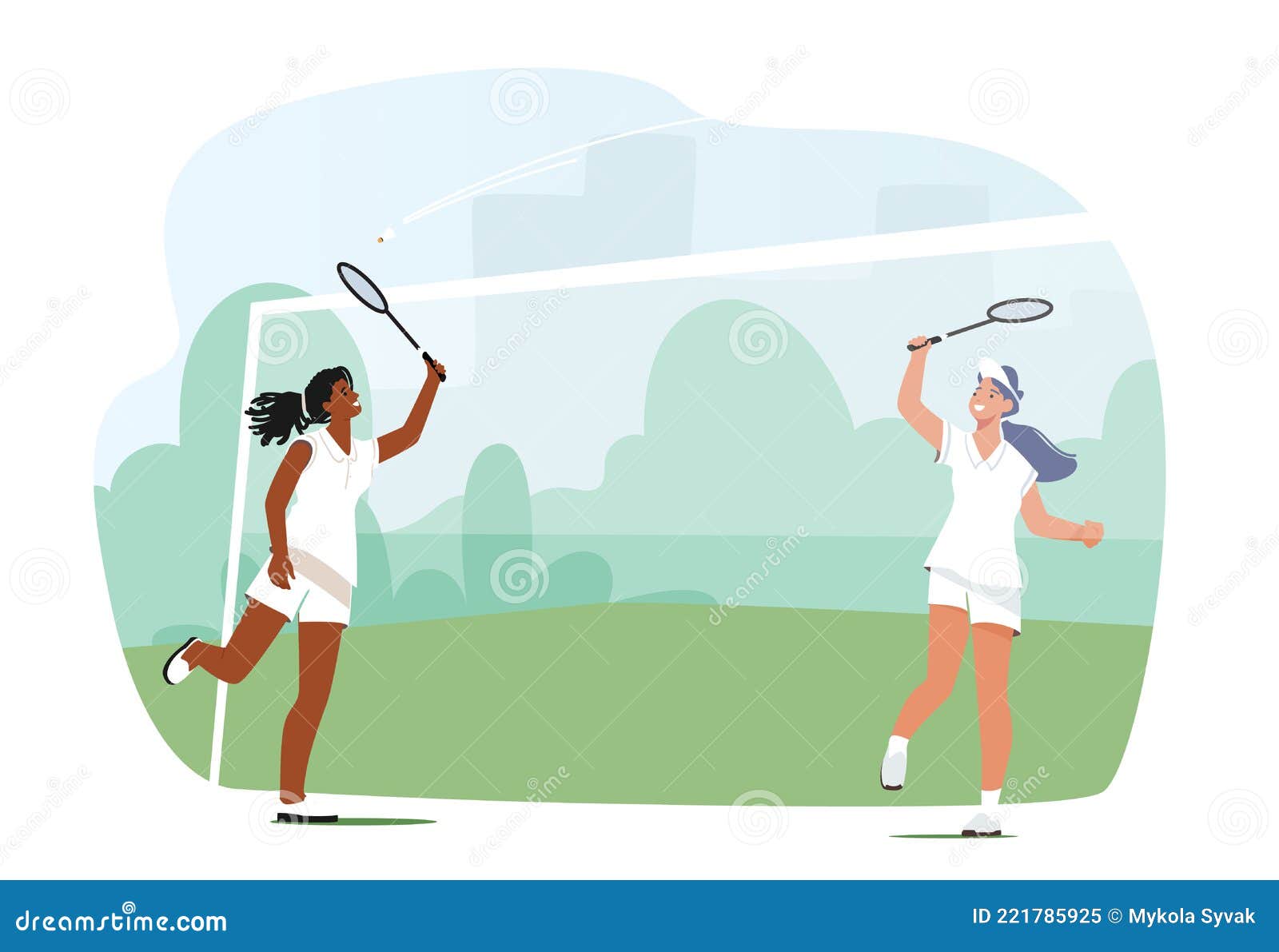 Girls Playing Badminton, Female Players Jumping Get Ready To Smash Shot, Young Women Hit Shuttle with Racket on Court Stock Vector