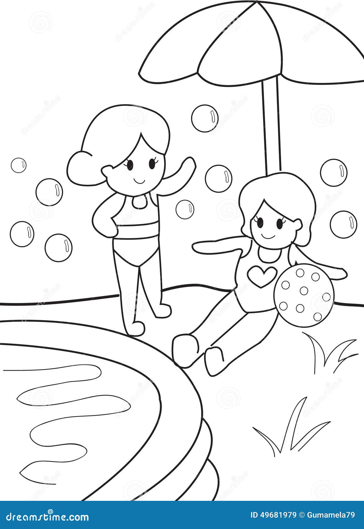 Girls By The Pool, Kid Coloring Page Stock Illustration