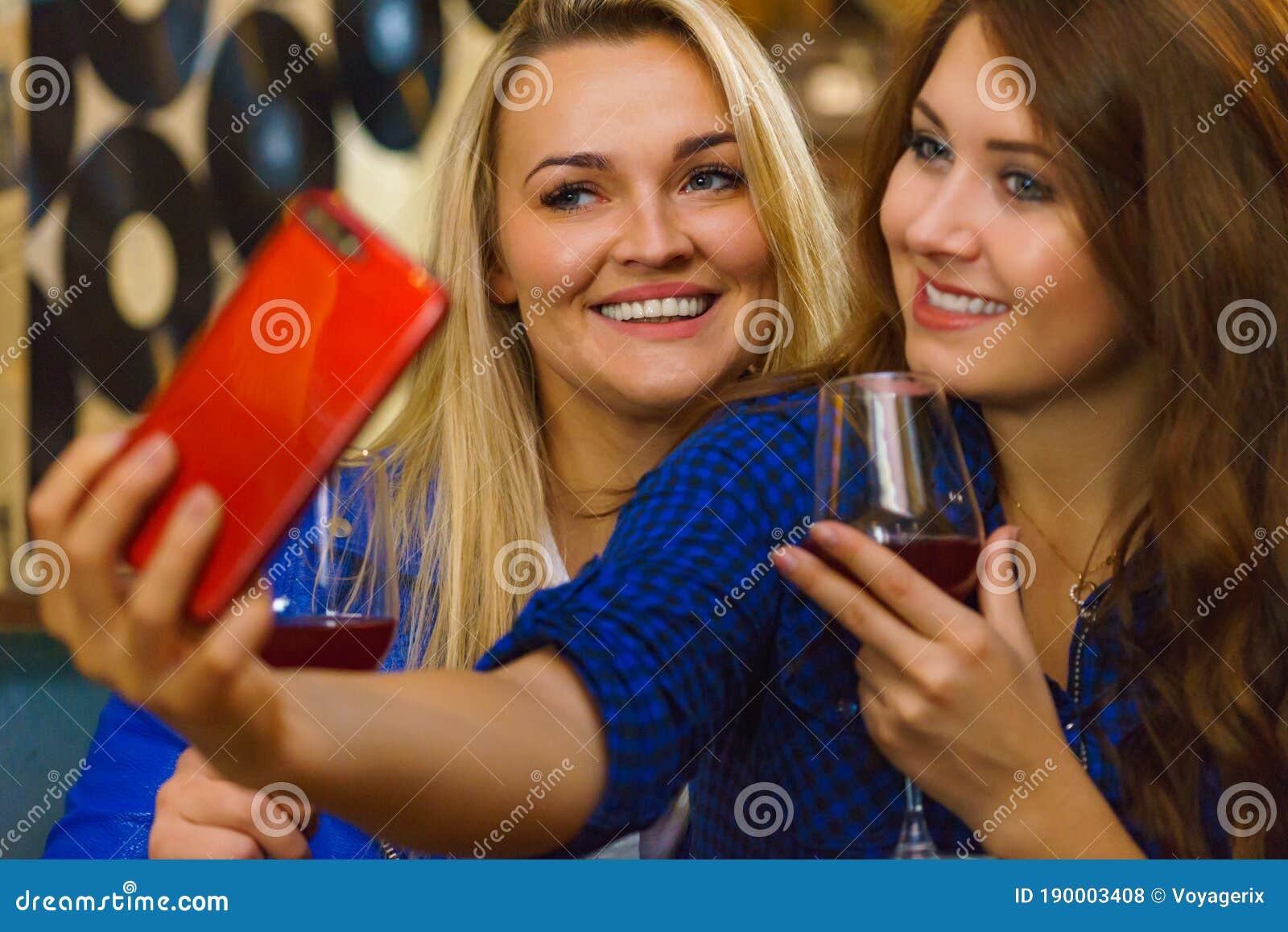 Girls in Pub Club Taking Self Photo with Phone Stock Photo - Image of ...