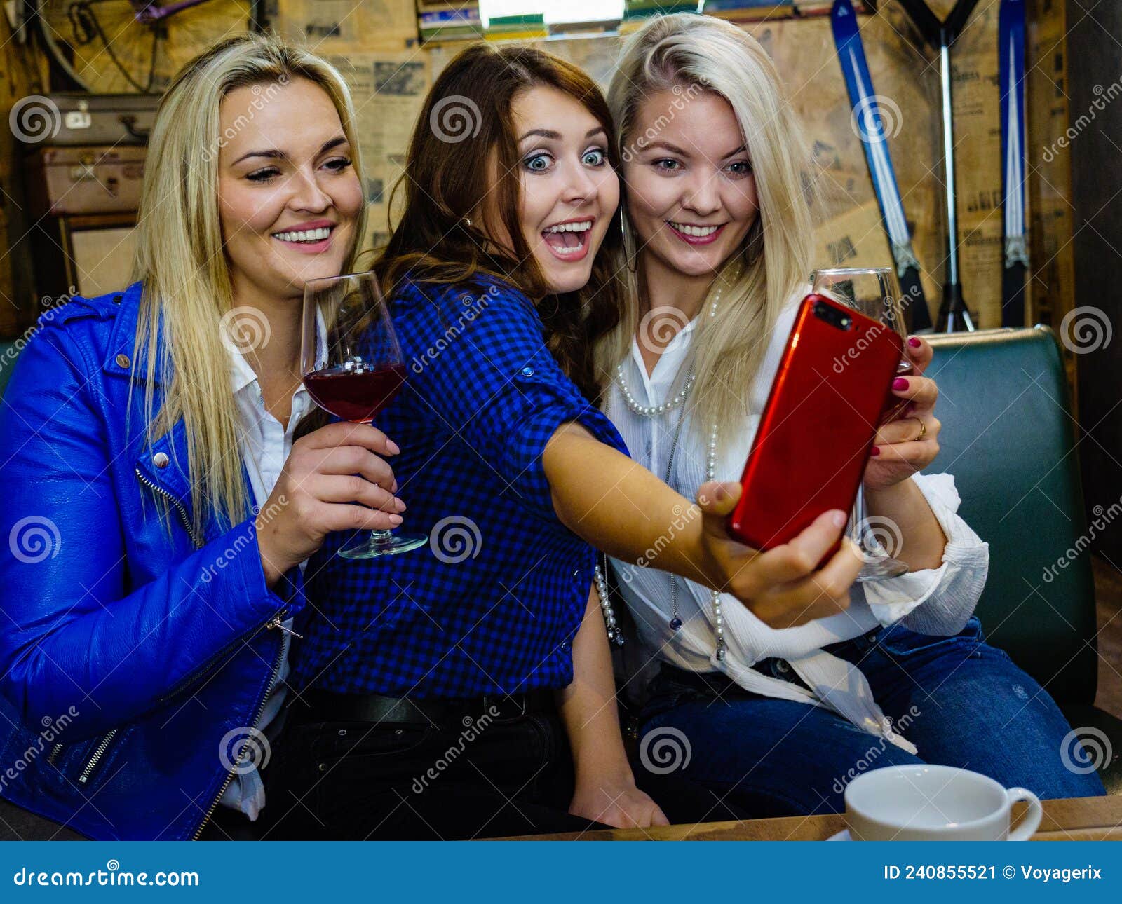 Girls in Pub Club Taking Self Photo with Phone Stock Image - Image of ...