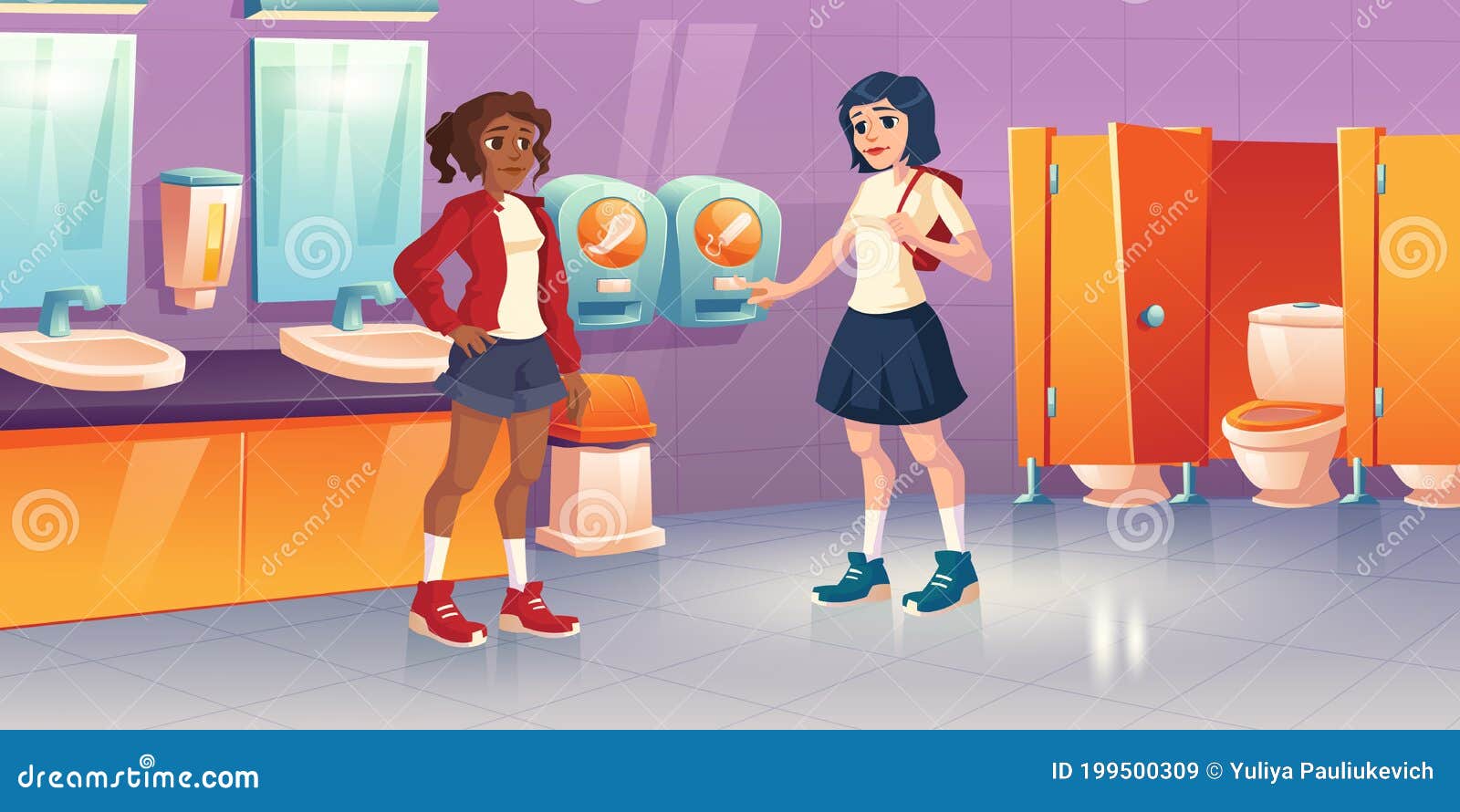 Girls In Public Toilet With Tampon Vending Machine Cartoon Vector