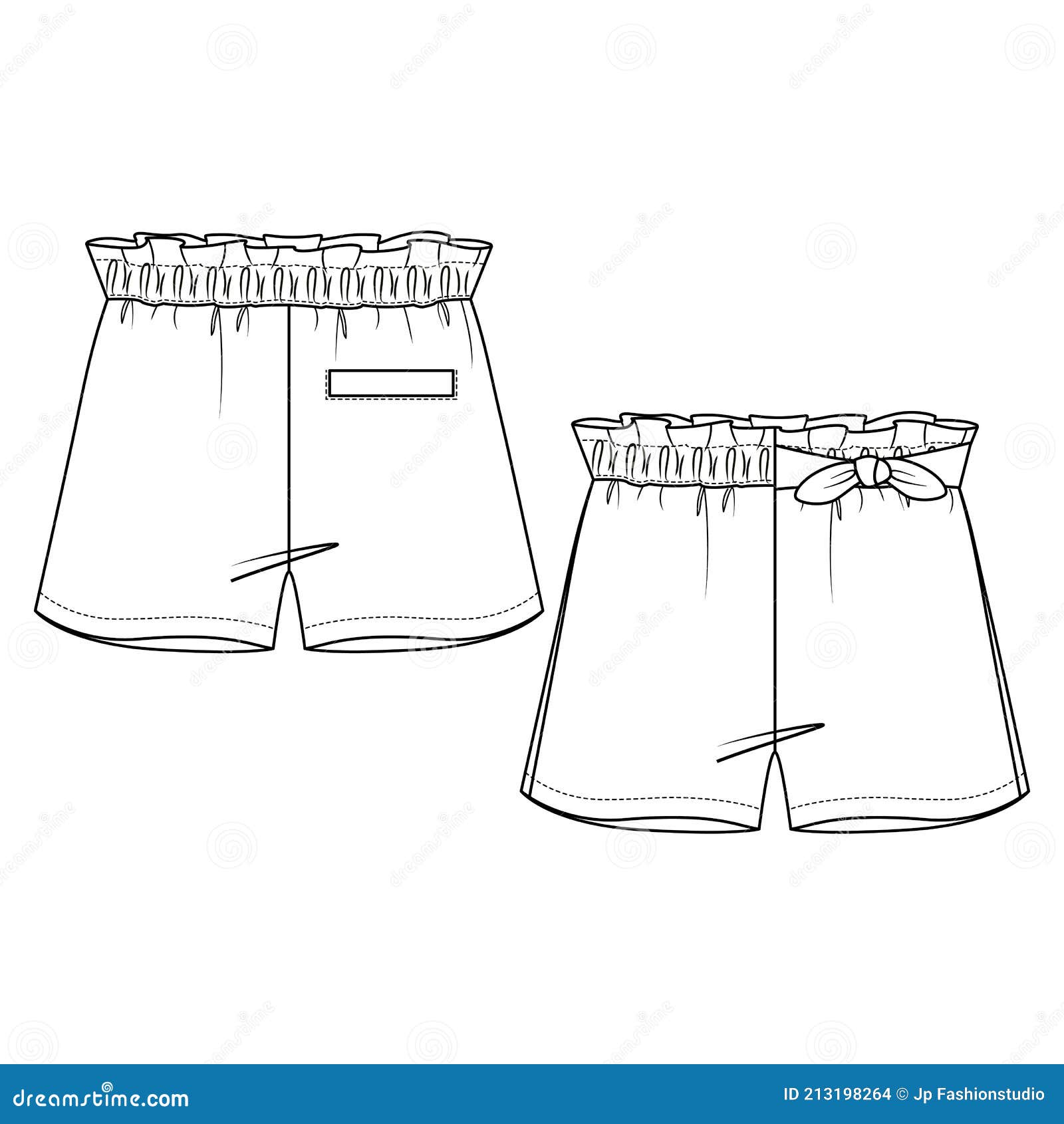 cute girls shorts with decorative bow fashion flat sketch template. technical fashion . paperbag waist. back welt pock