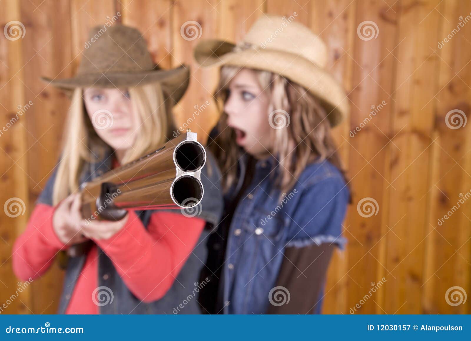 Girls With Shotgun Pointed One Surprised Stock Image Image Of Loo