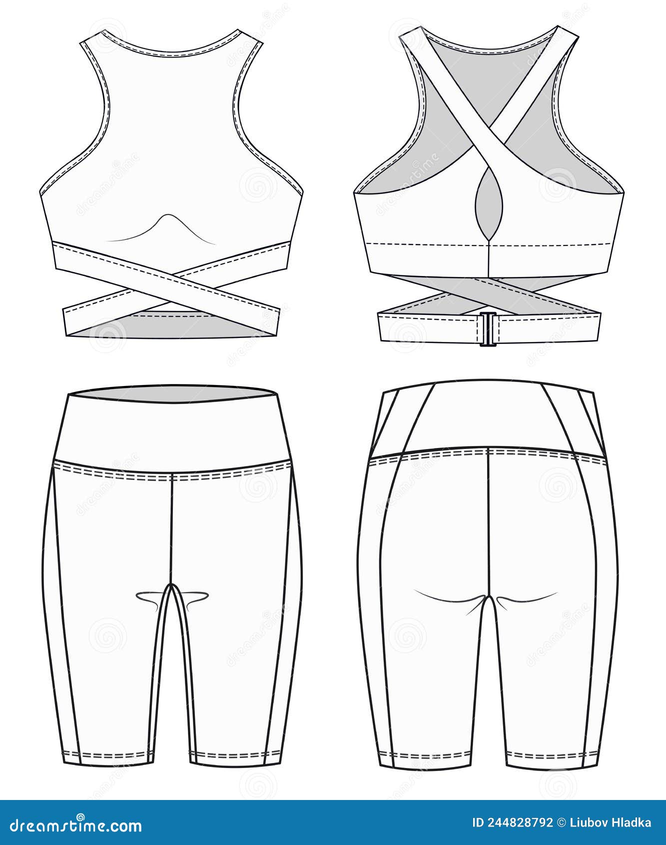 Girls Sports Bra and Cycling Shorts Fashion Flat Sketch Template
