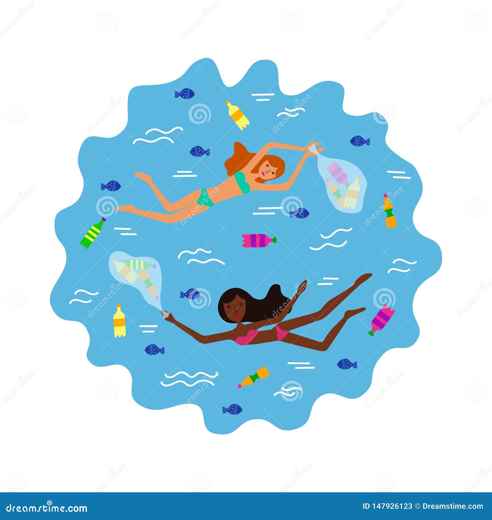 Girls with Swim and Collect Garbage Stock Vector - Illustration of girl ...