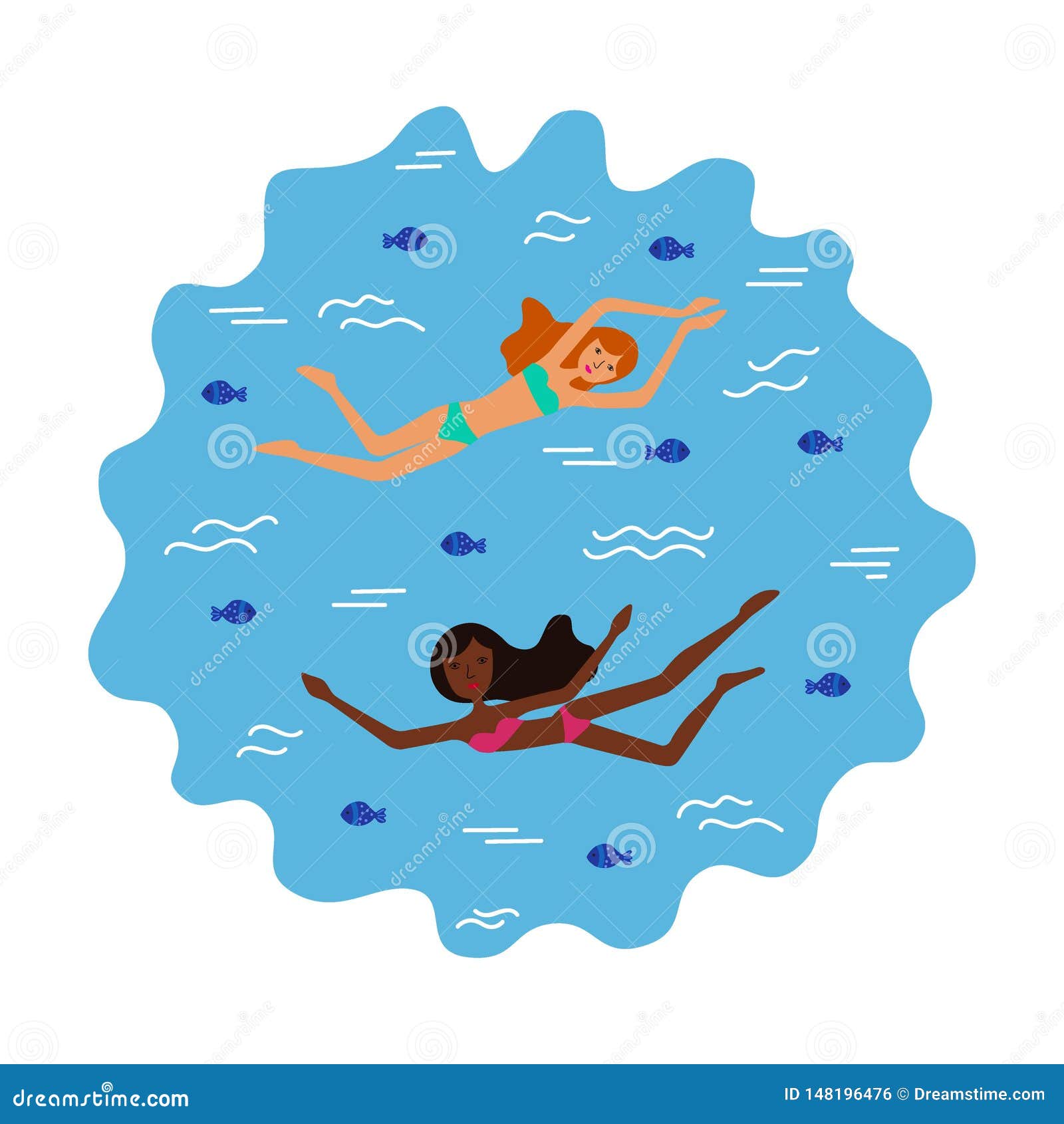 Girls Swim in the Sea or Ocean with Fishes Stock Vector - Illustration ...