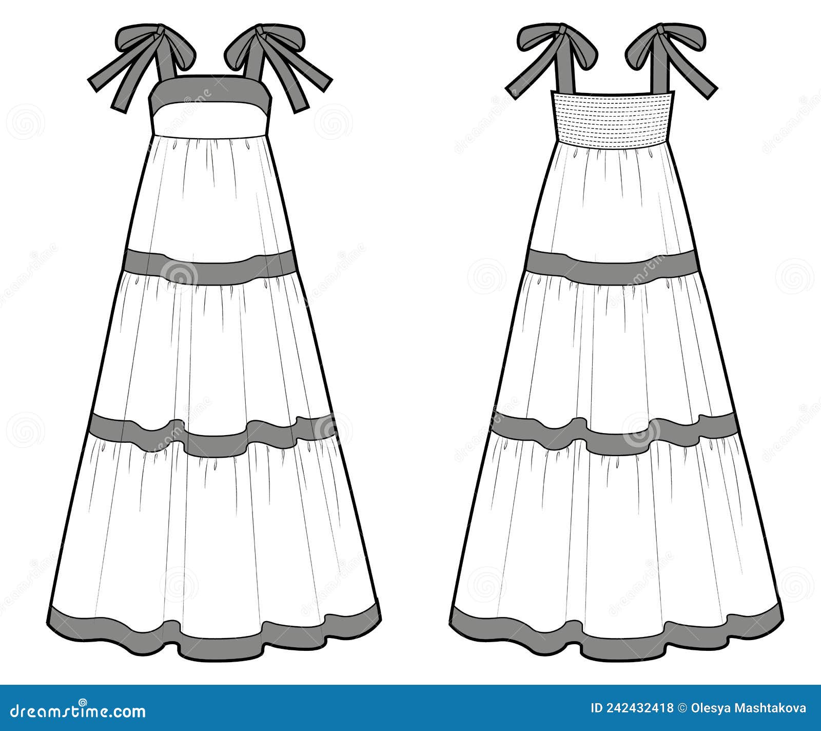 Girls and Womans Dress with Bows, Fashion Technical Draw Stock Vector ...