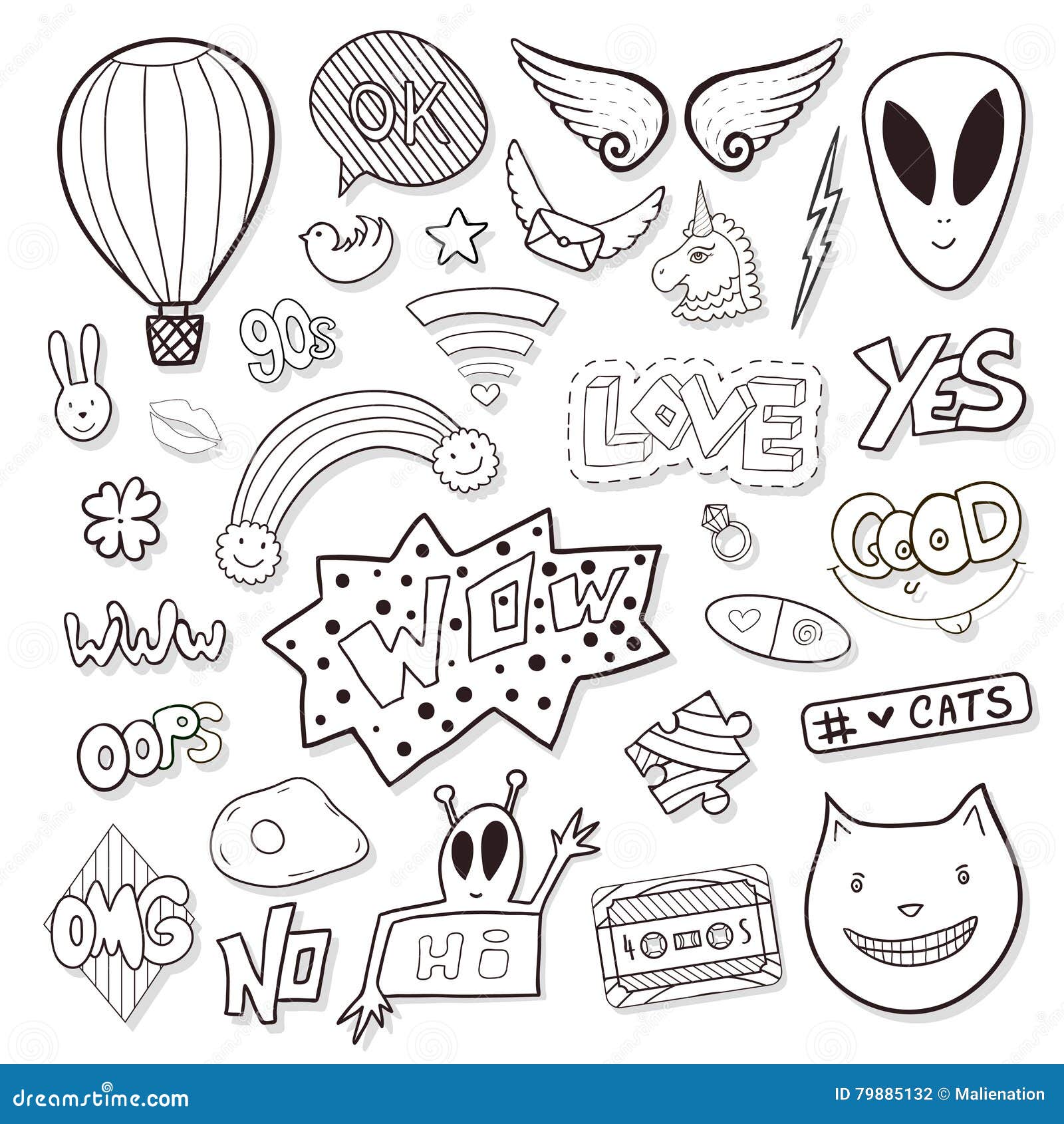 girly elements with alien speech bubbles cassette line icon vector set cartoon black and