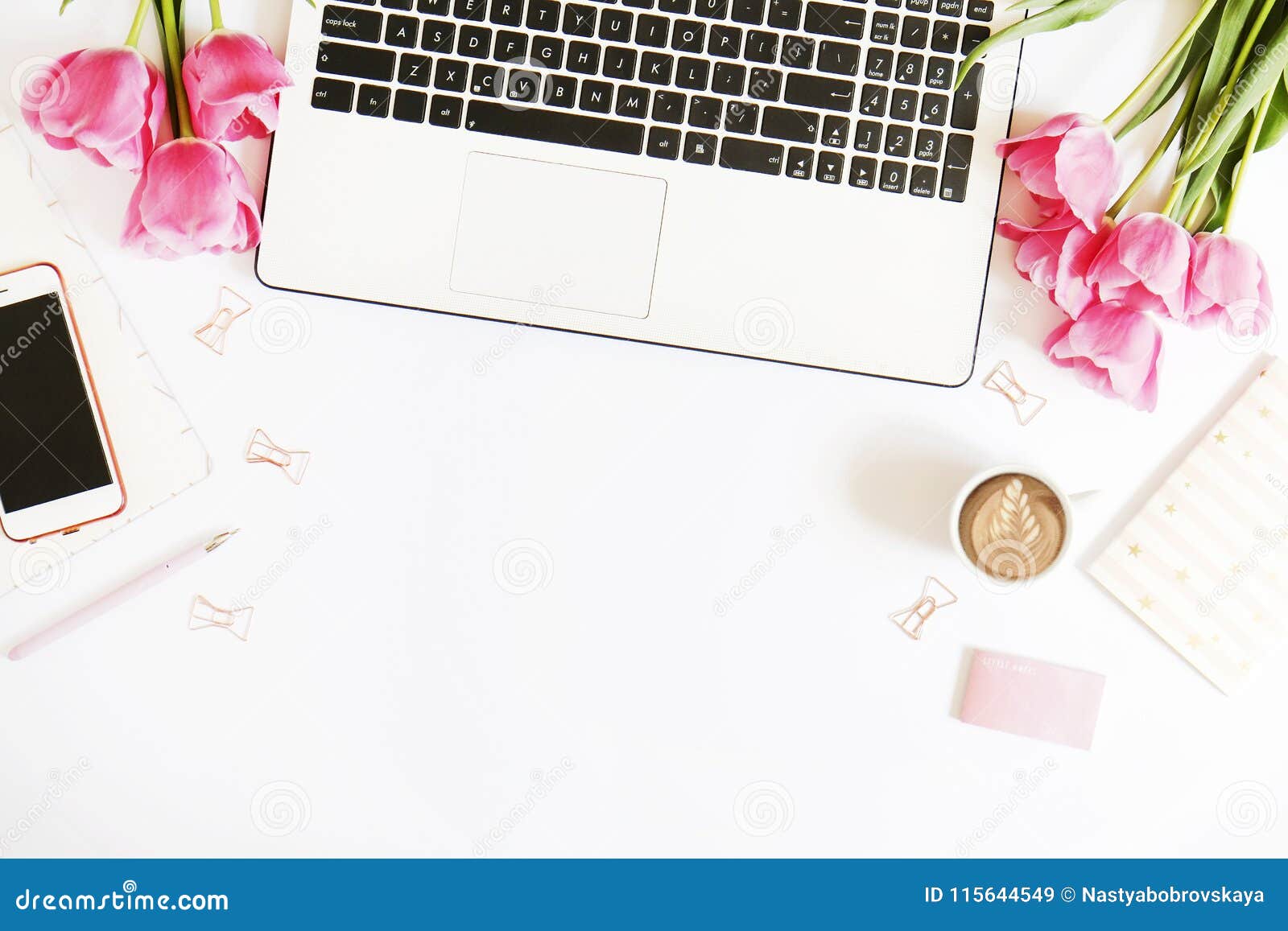 Top View of Female Worker Desktop with Laptop, Flowers and Different Office  Supplies Items. Feminine Creative Design Workspace. Stock Image - Image of  feminine, clipboard: 115644549