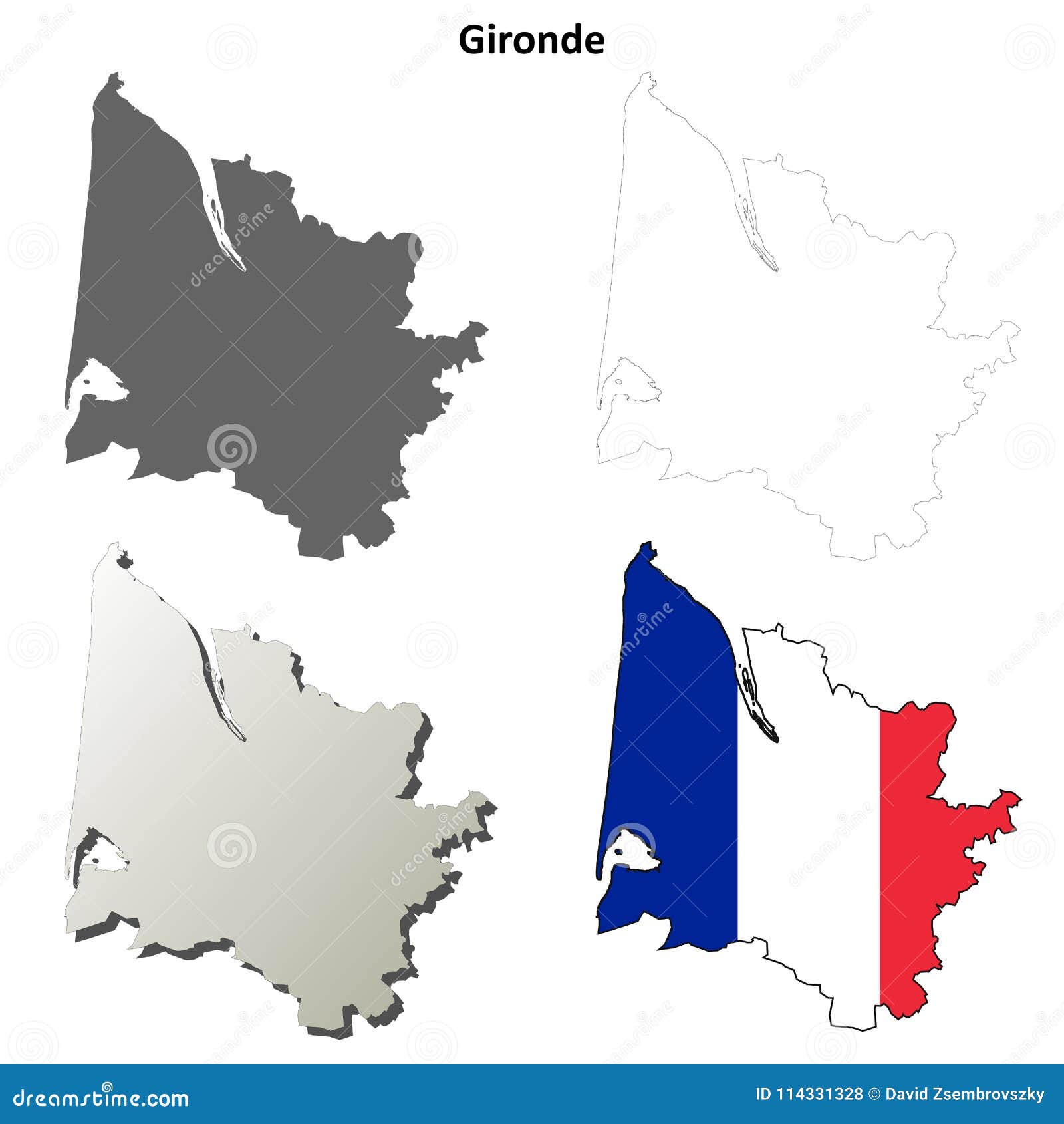 gironde, aquitaine outline map set
