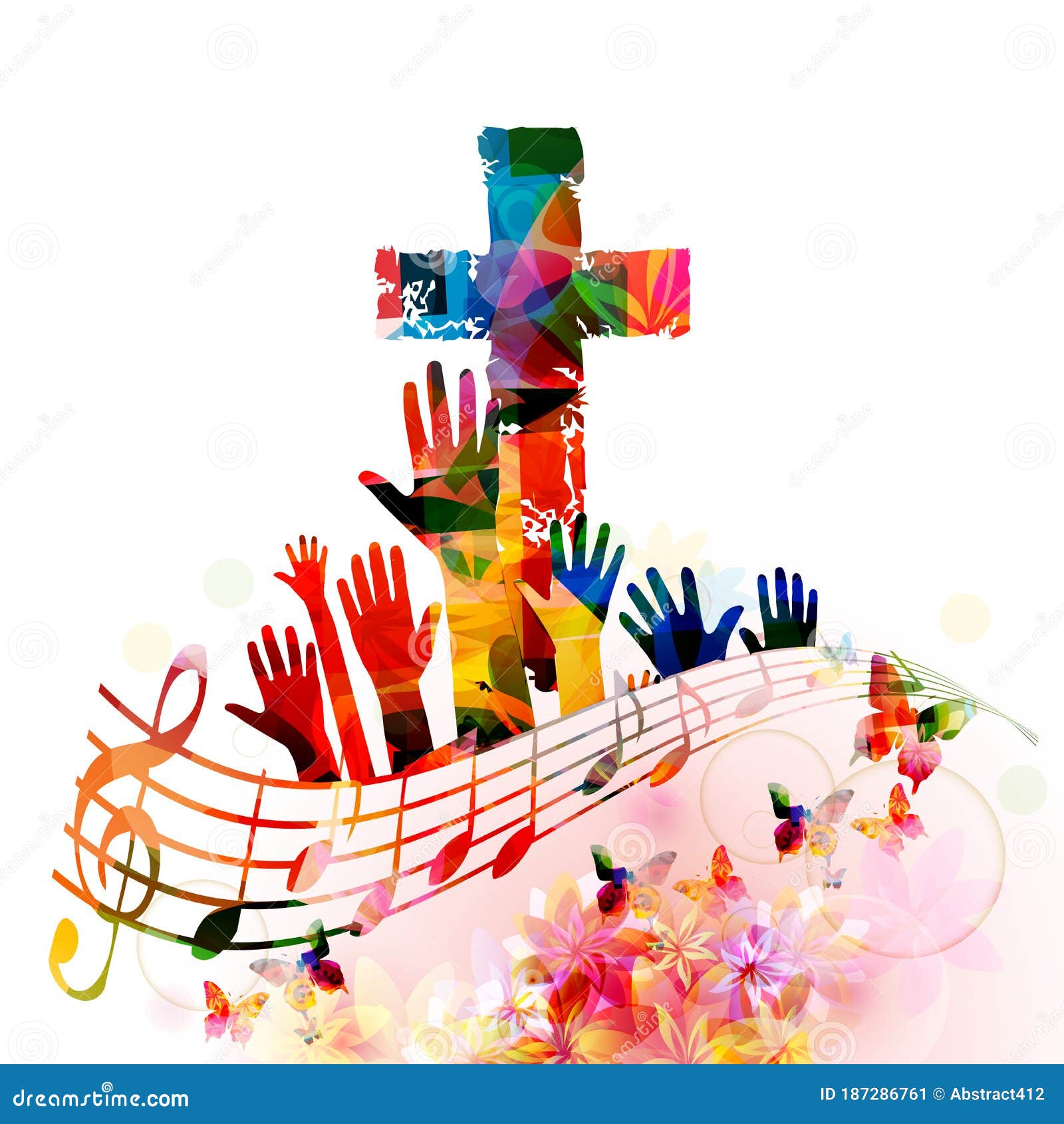 colorful christian cross with music notes   . religion themed background.  for gospel church music