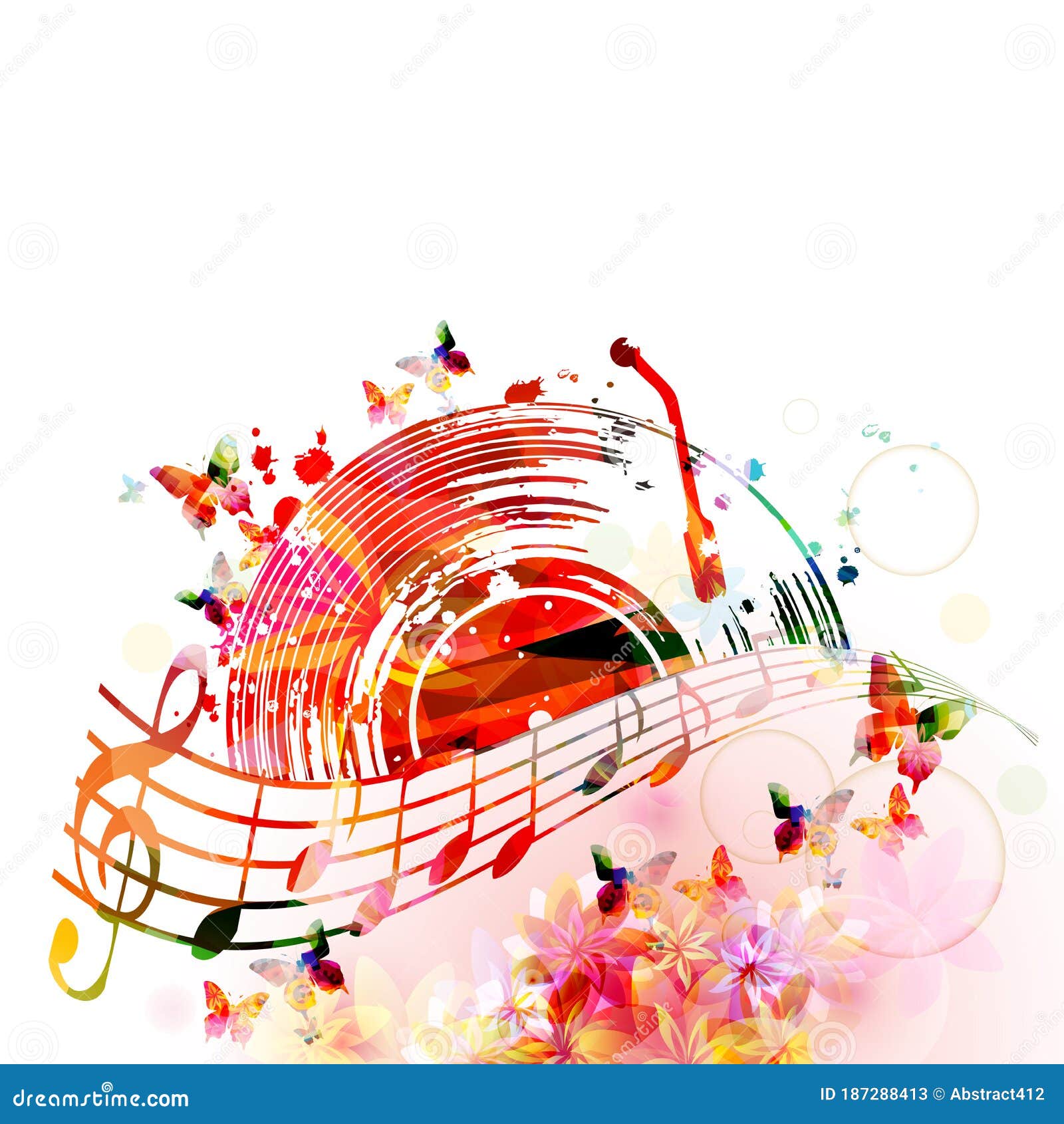 Colorful Music Background with Music Notes and Vinyl Record Disc