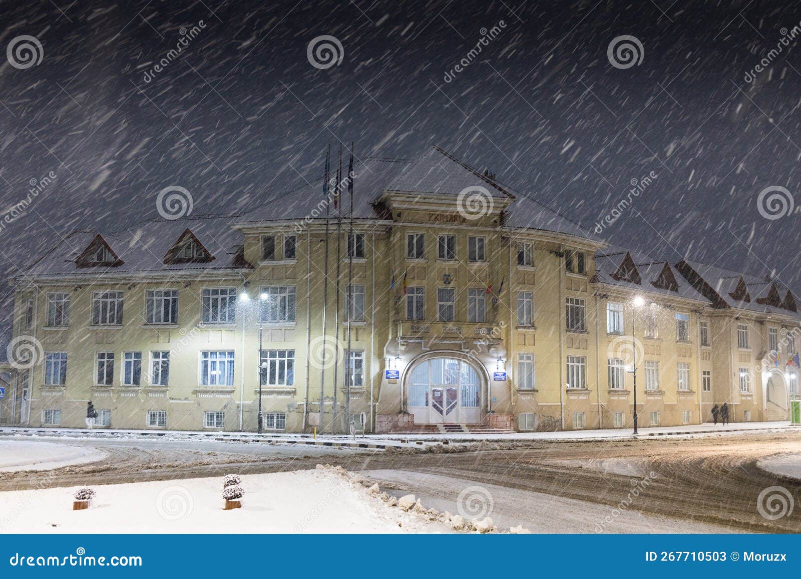 giurgiu city hall at winter, night scene.