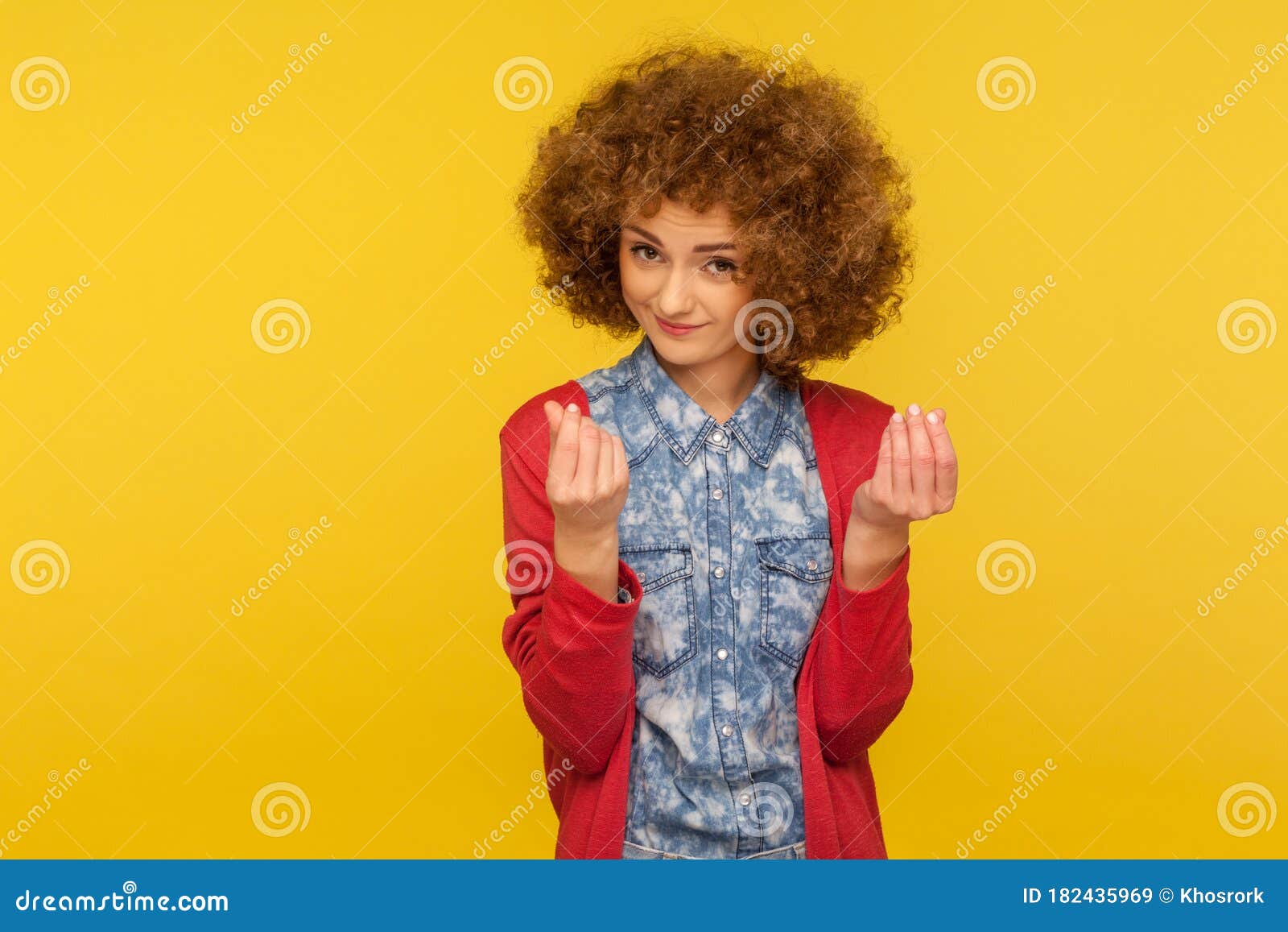 Give Me Cash! Portrait of Enterprising Woman with Curly Hair Showing ...