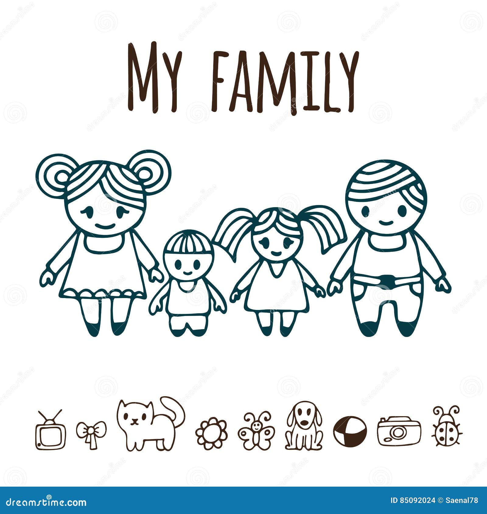Gluckliche Familie Mit Zwei Kindern In Der Karikaturart Hand Gezeichnetes Dood Vektor Abbildung Illustration Von Karikaturart Kindern