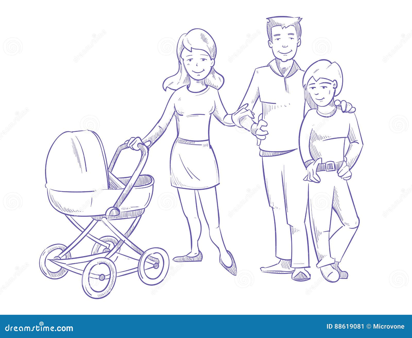 Gluckliche Junge Familie Mit Kind Und Baby Im Spazierganger Hand Gezeichnet Stiftskizzen Vektorillustration Vektor Abbildung Illustration Von Gezeichnet Stiftskizzen
