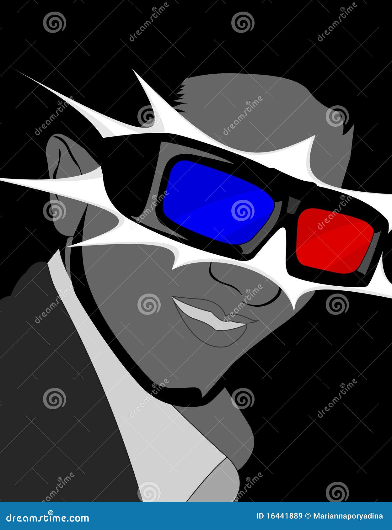 Glaces 3D. Verticale de jeune homme portant les lunettes 3D. Image de trame.