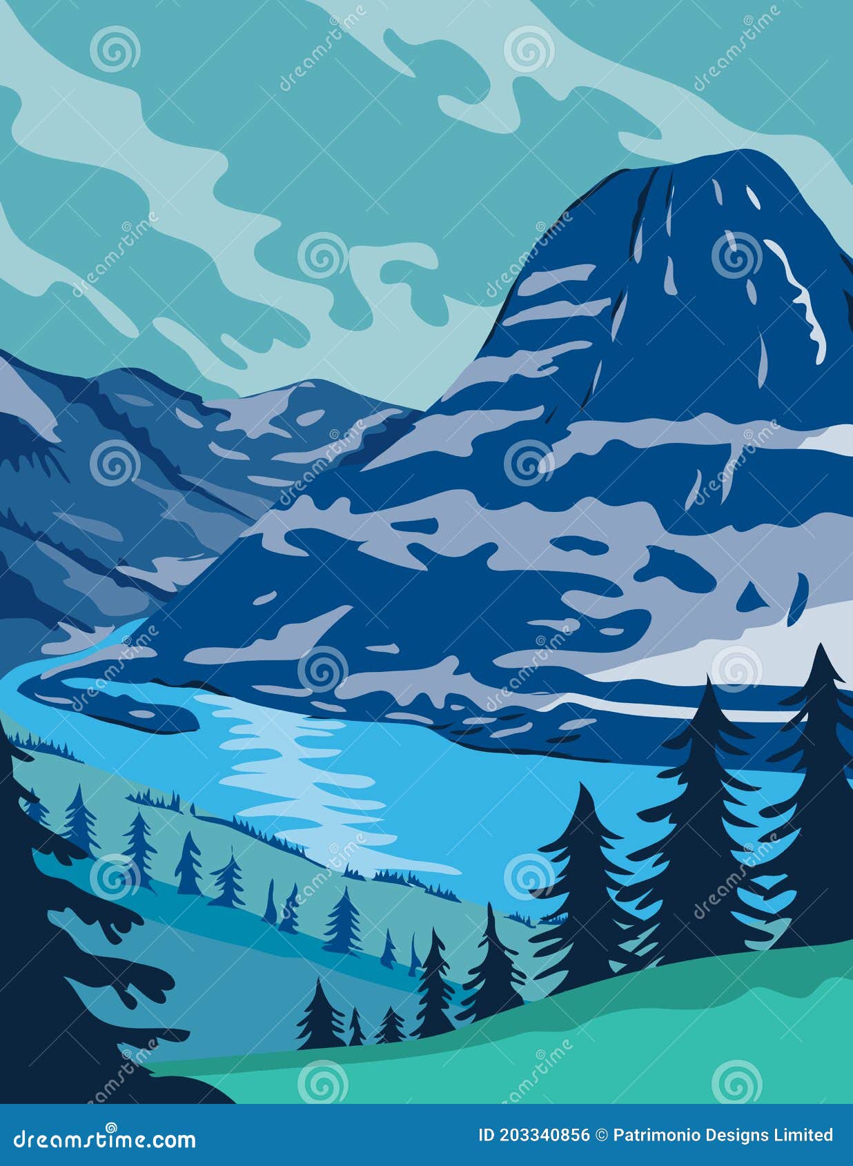 glacier national park and kintla lake in montana united states wpa poster art color