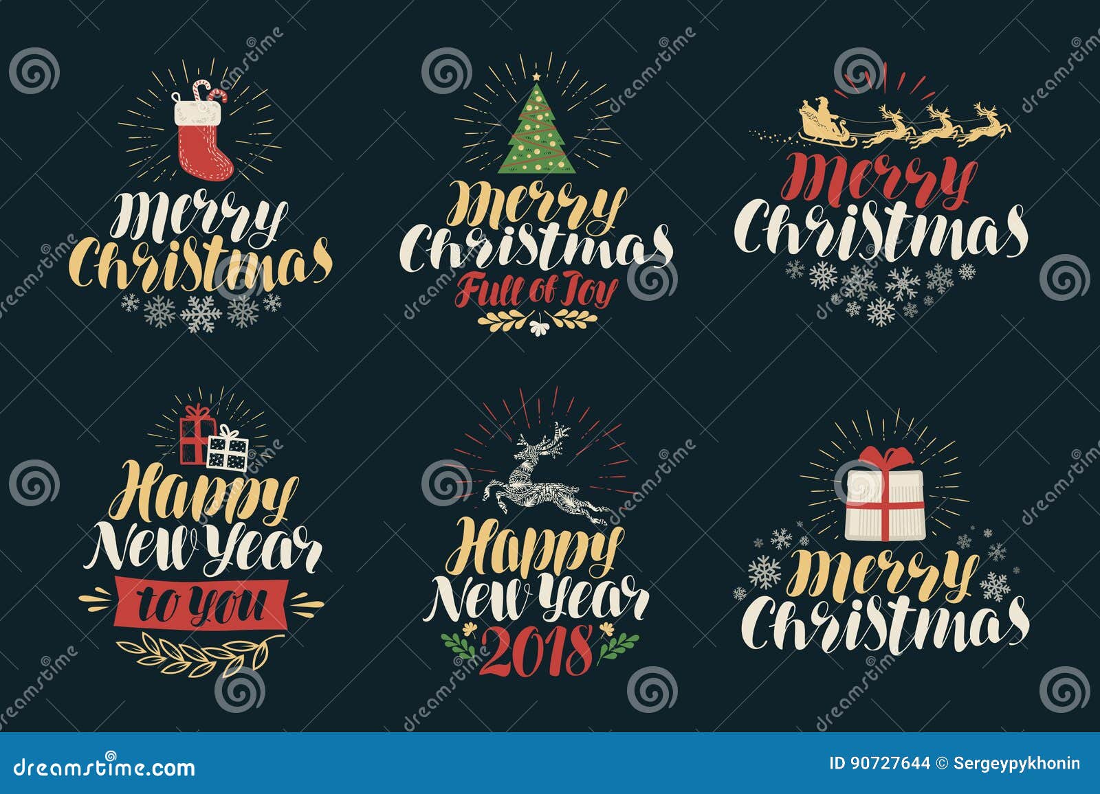 Glad jul och lyckligt nytt år, etikettuppsättning Xmas-symboler eller logoer Bokstävervektorillustration