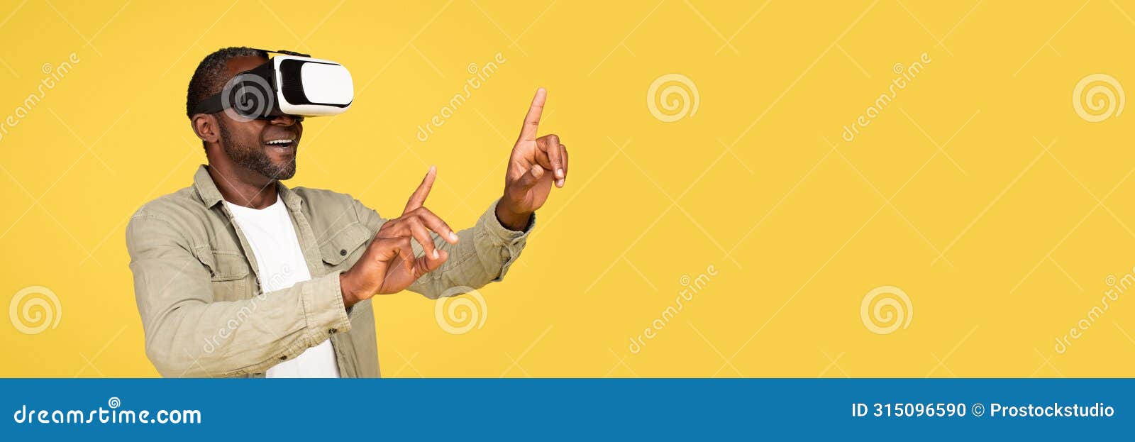 glad shocked adult black man in casual and vr glasses